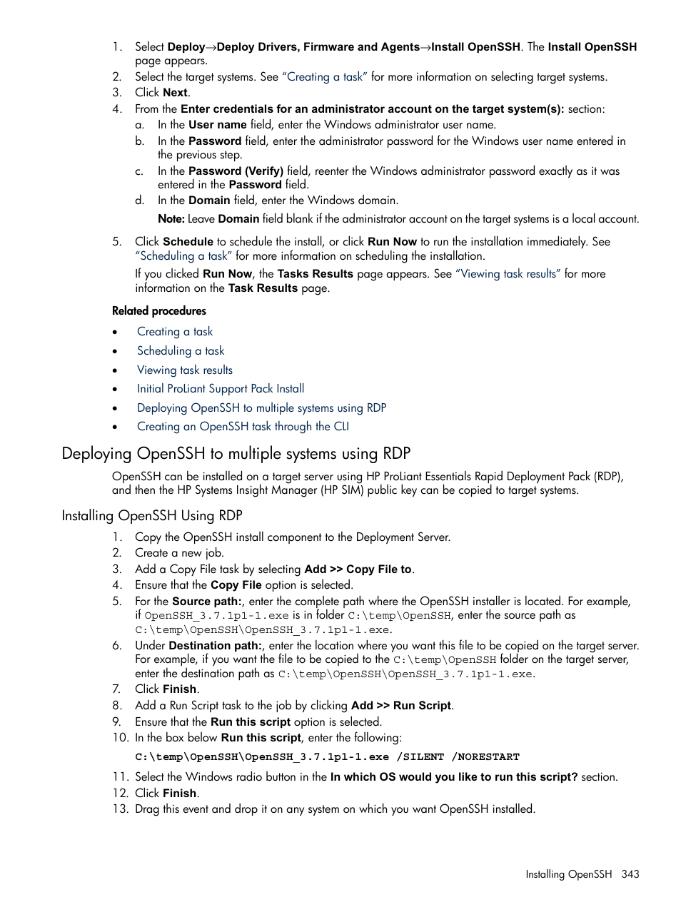 Deploying openssh to multiple systems using rdp, Installing openssh using rdp | HP Systems Insight Manager User Manual | Page 343 / 679