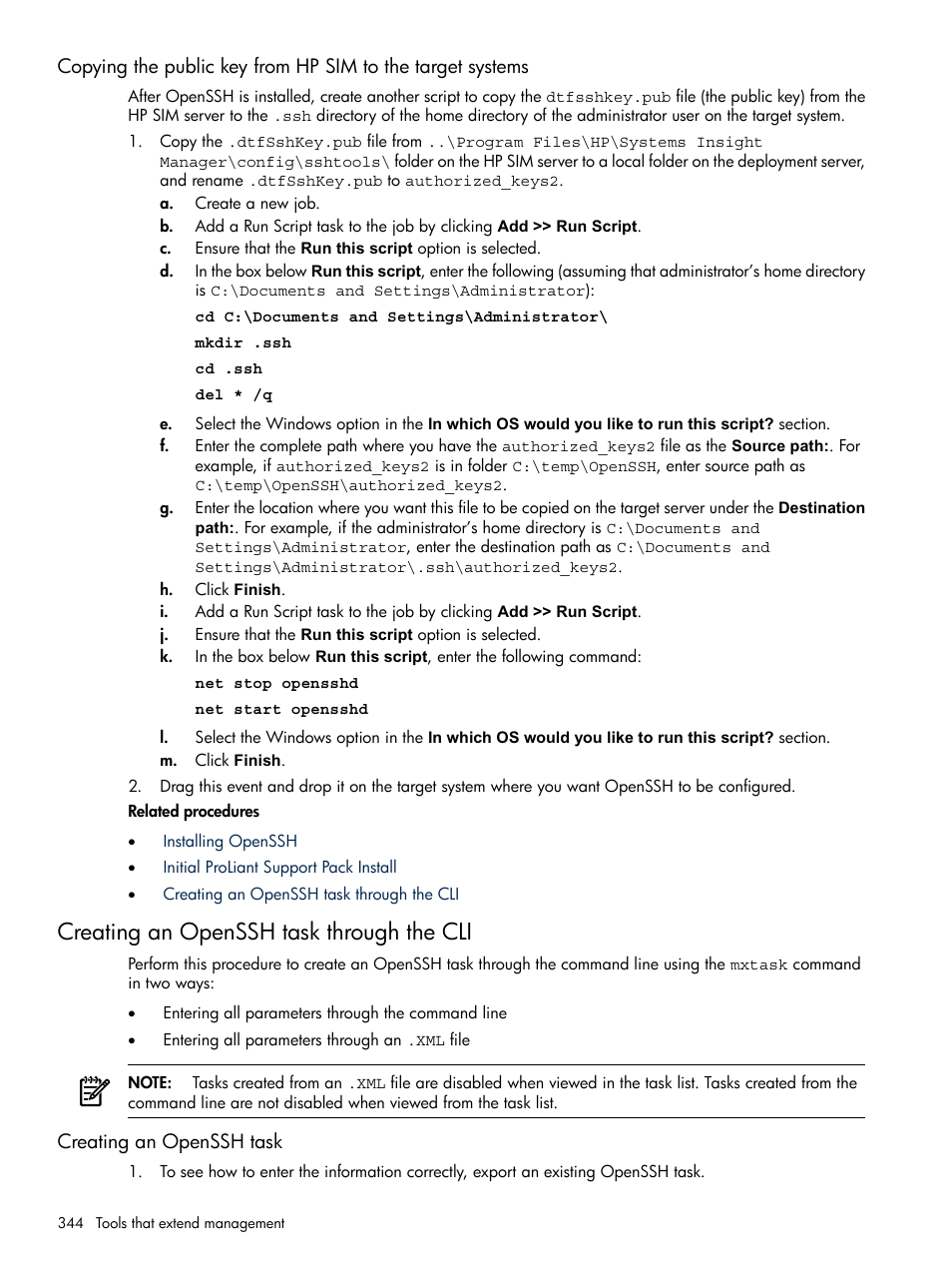 Creating an openssh task through the cli, Creating an openssh task | HP Systems Insight Manager User Manual | Page 344 / 679