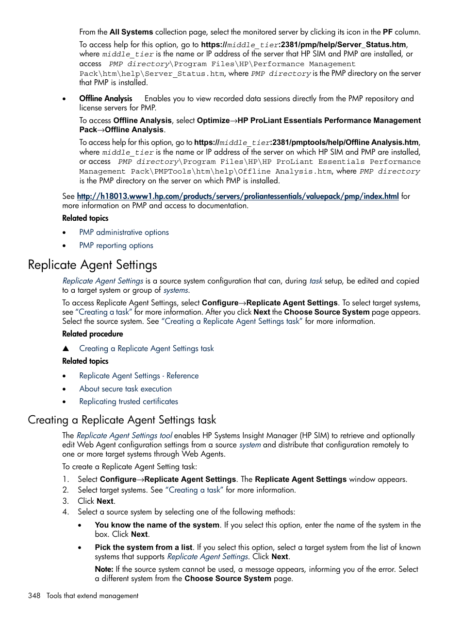 Replicate agent settings, Creating a replicate agent settings task | HP Systems Insight Manager User Manual | Page 348 / 679