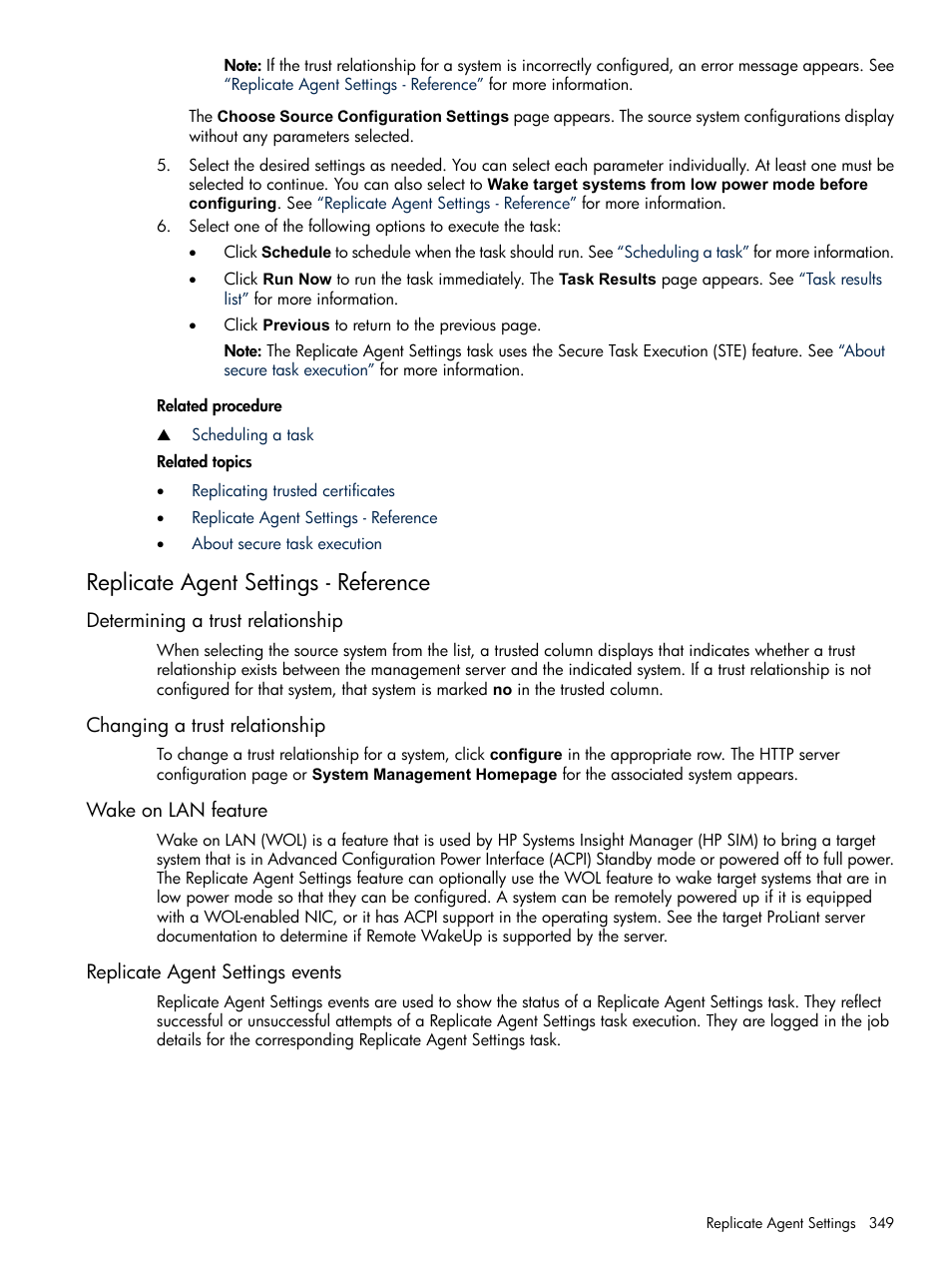 Replicate agent settings - reference, Determining a trust relationship, Changing a trust relationship | Wake on lan feature, Replicate agent settings events | HP Systems Insight Manager User Manual | Page 349 / 679