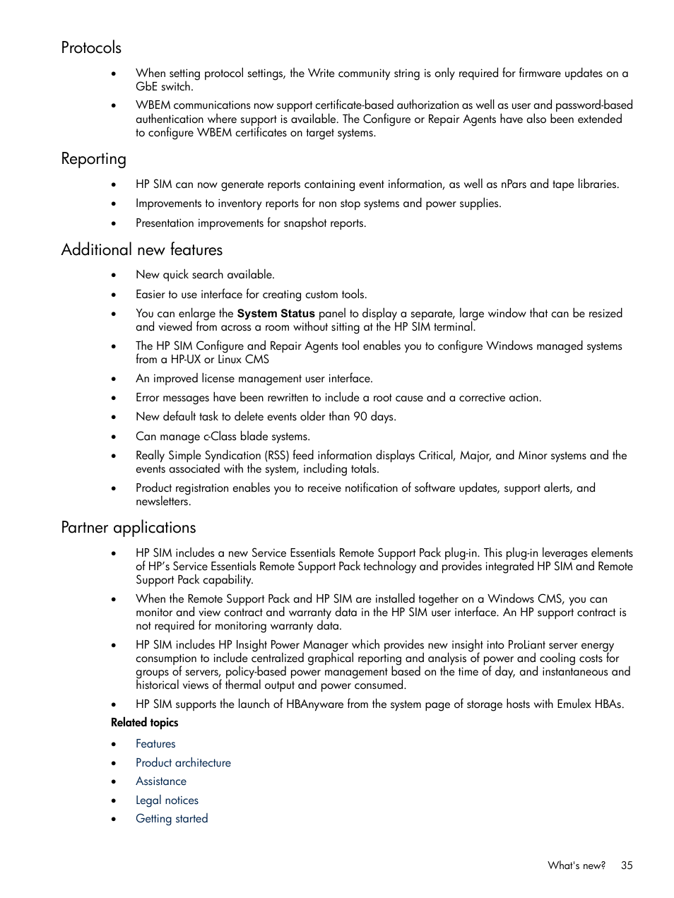 Protocols, Reporting, Additional new features | Partner applications | HP Systems Insight Manager User Manual | Page 35 / 679