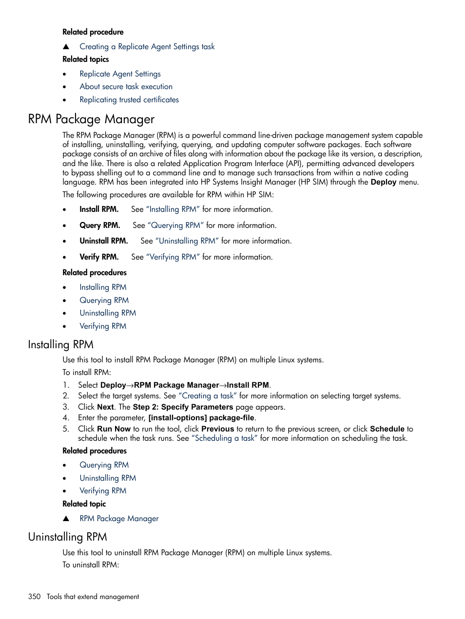 Rpm package manager, Installing rpm, Uninstalling rpm | Installing rpm uninstalling rpm | HP Systems Insight Manager User Manual | Page 350 / 679