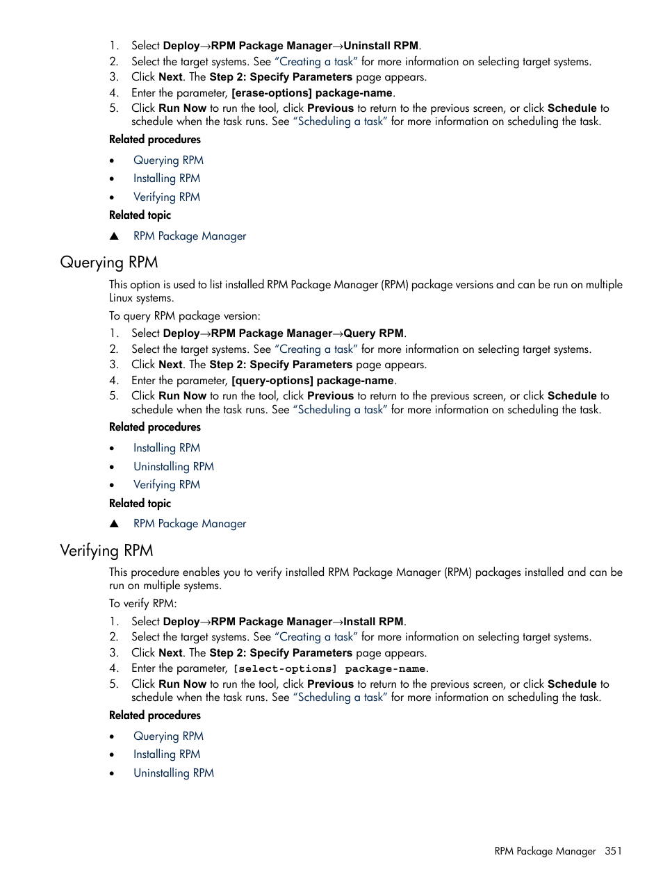 Querying rpm, Verifying rpm, Querying rpm verifying rpm | HP Systems Insight Manager User Manual | Page 351 / 679