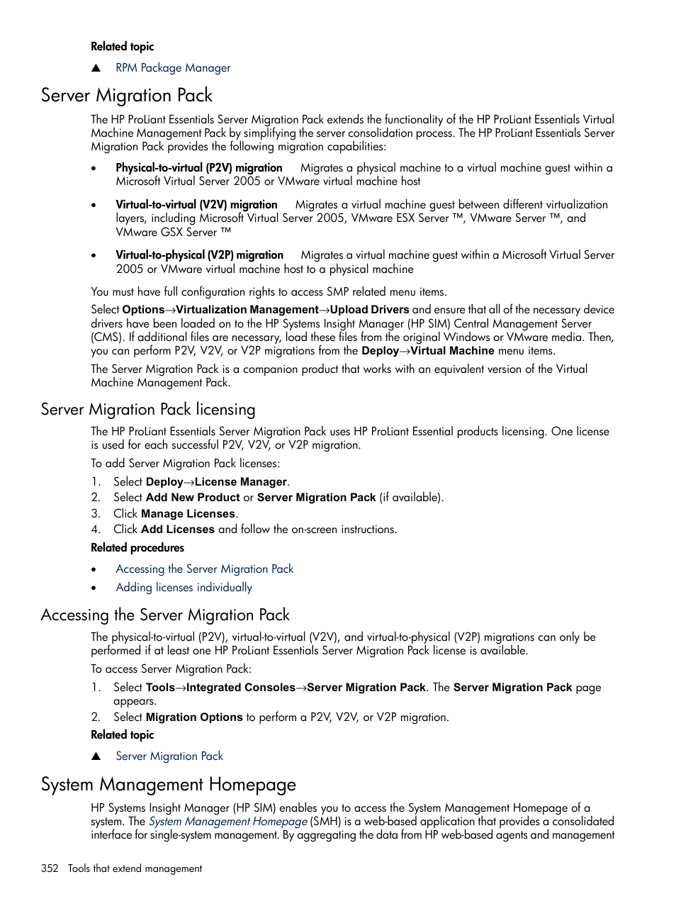 Server migration pack, Server migration pack licensing, Accessing the server migration pack | System management homepage | HP Systems Insight Manager User Manual | Page 352 / 679