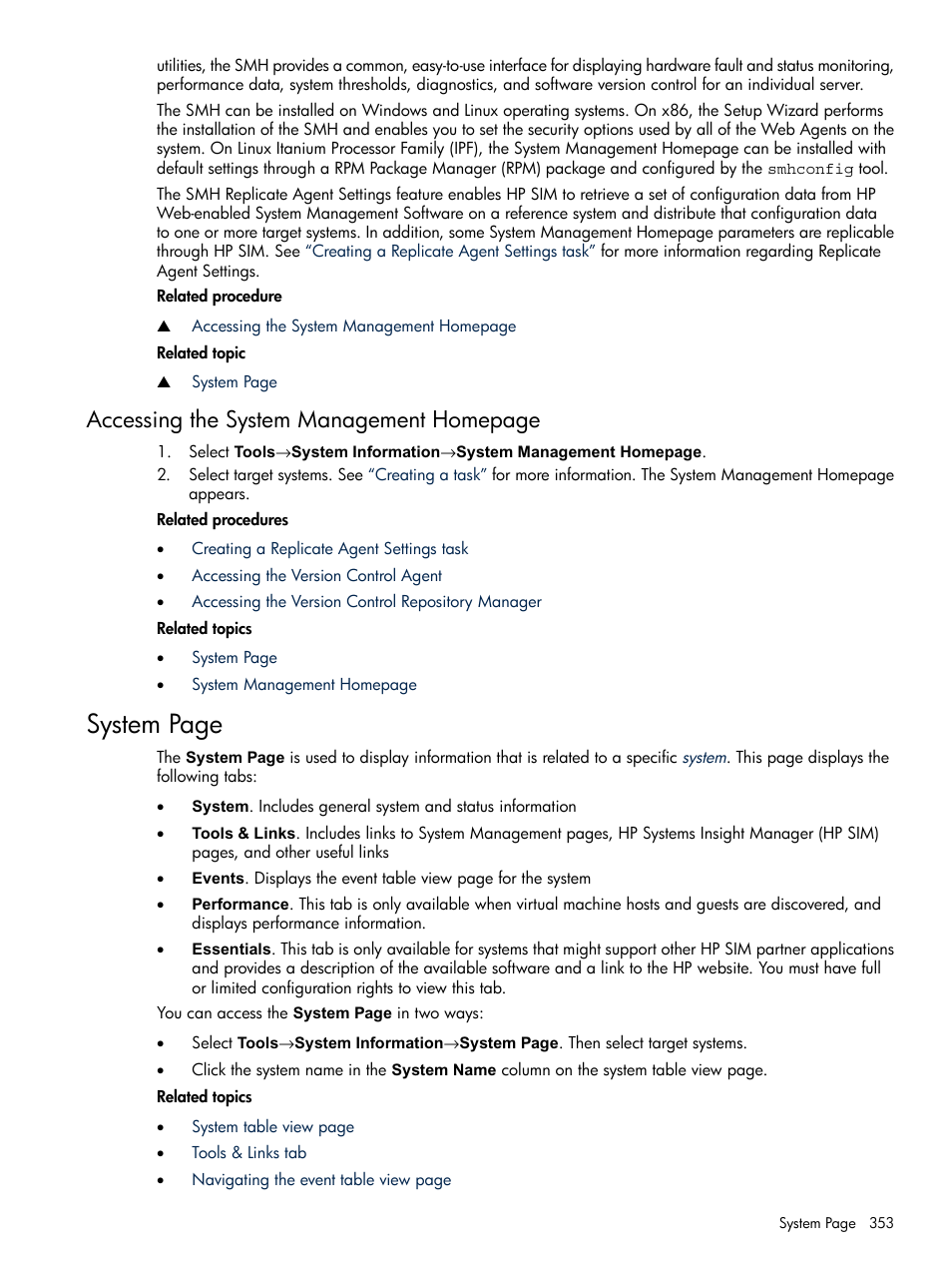 System, System page, Accessing the system management homepage | HP Systems Insight Manager User Manual | Page 353 / 679