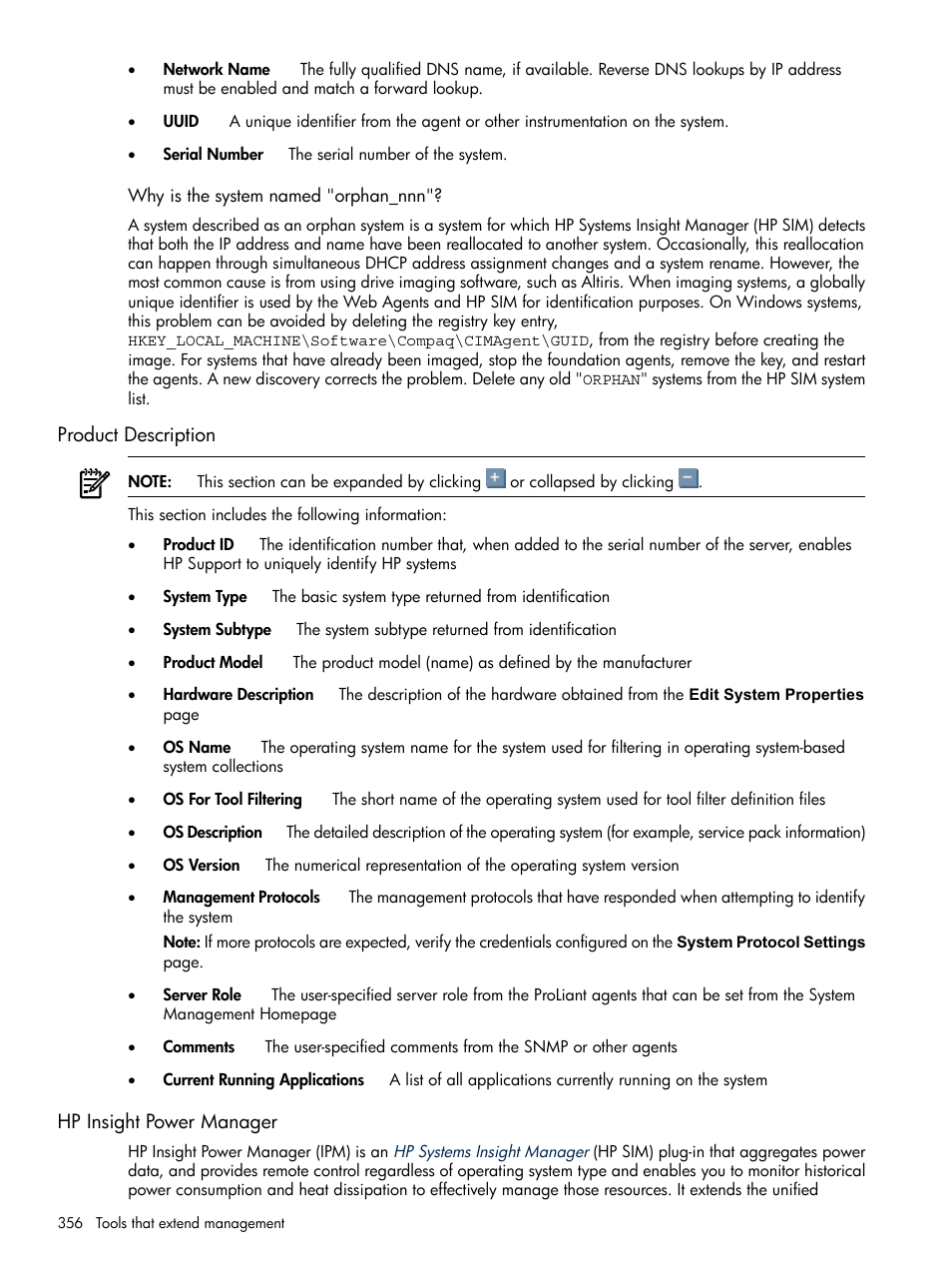 Why is the system named "orphan_nnn, Product description, Hp insight power manager | Product description hp insight power manager | HP Systems Insight Manager User Manual | Page 356 / 679