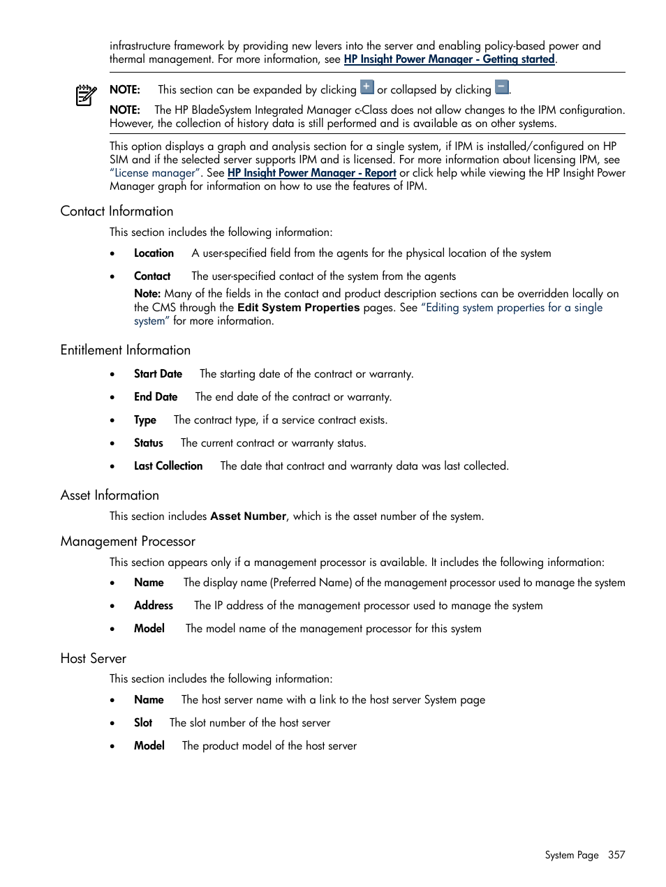 Contact information, Asset information, Management processor | Host server, Asset information management processor host server | HP Systems Insight Manager User Manual | Page 357 / 679