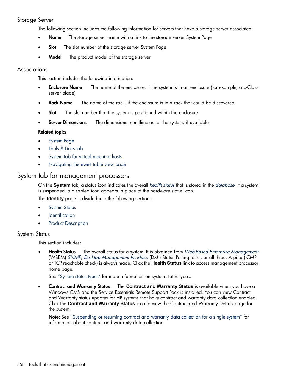 Storage server, Associations, System tab for management processors | System status, Storage server associations | HP Systems Insight Manager User Manual | Page 358 / 679