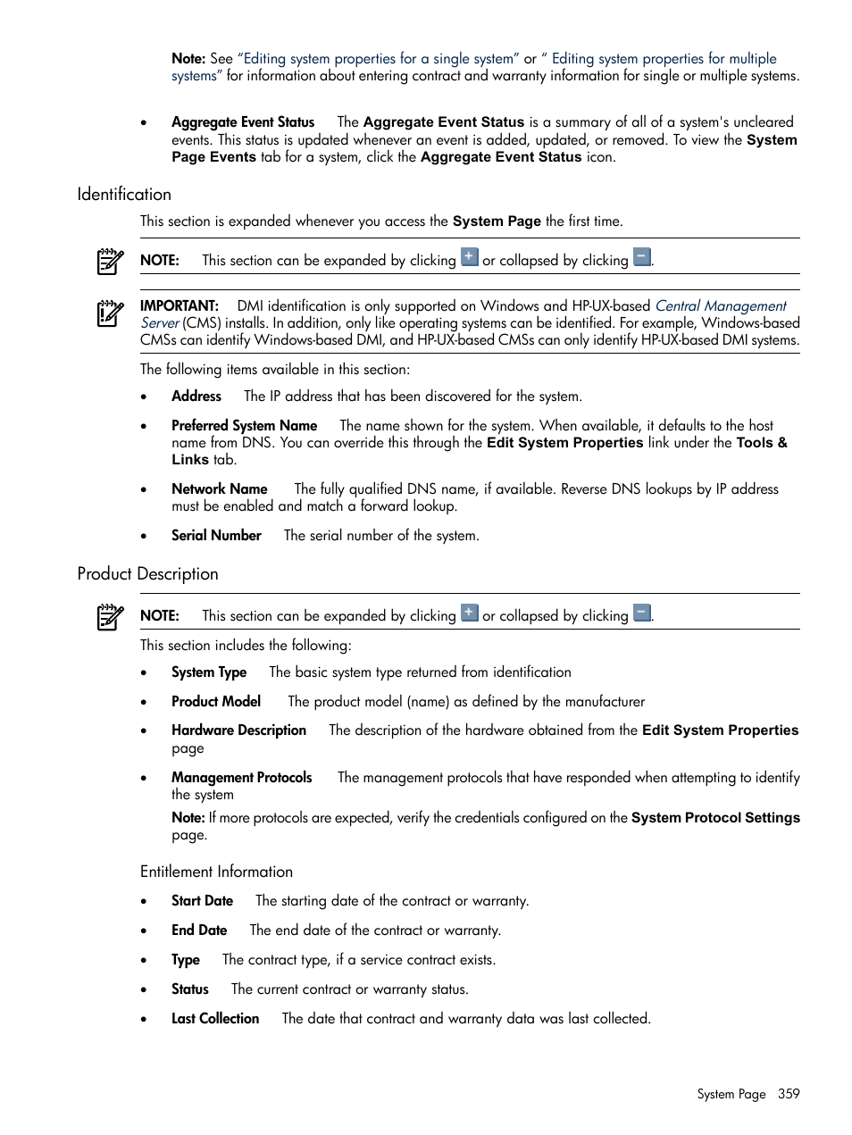 Entitlement information, Identification, Product description | Identification product description | HP Systems Insight Manager User Manual | Page 359 / 679