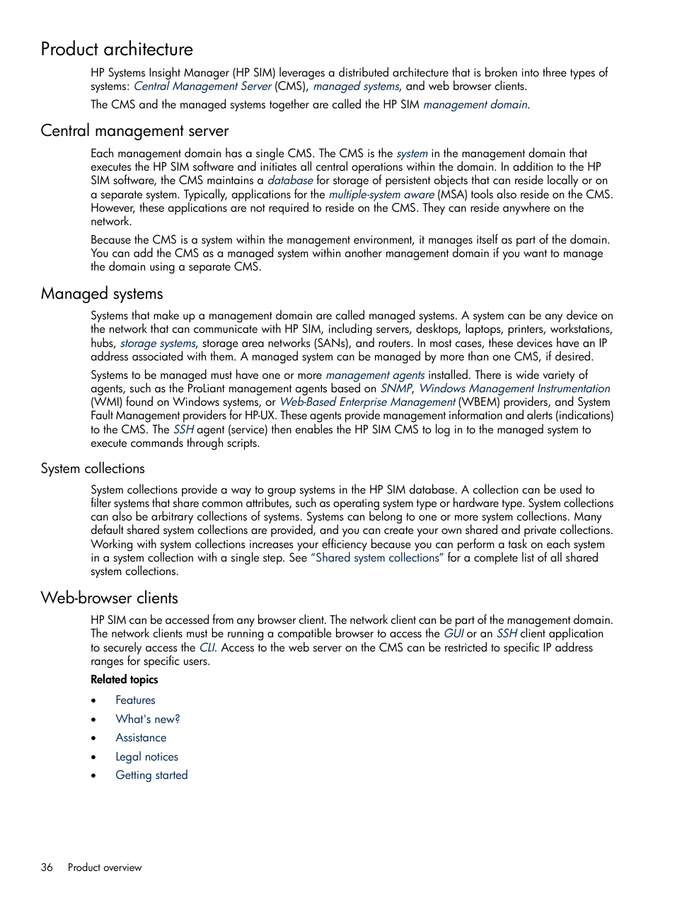Product architecture, Central management server, Managed systems | System collections, Web-browser clients, Central management server managed systems | HP Systems Insight Manager User Manual | Page 36 / 679