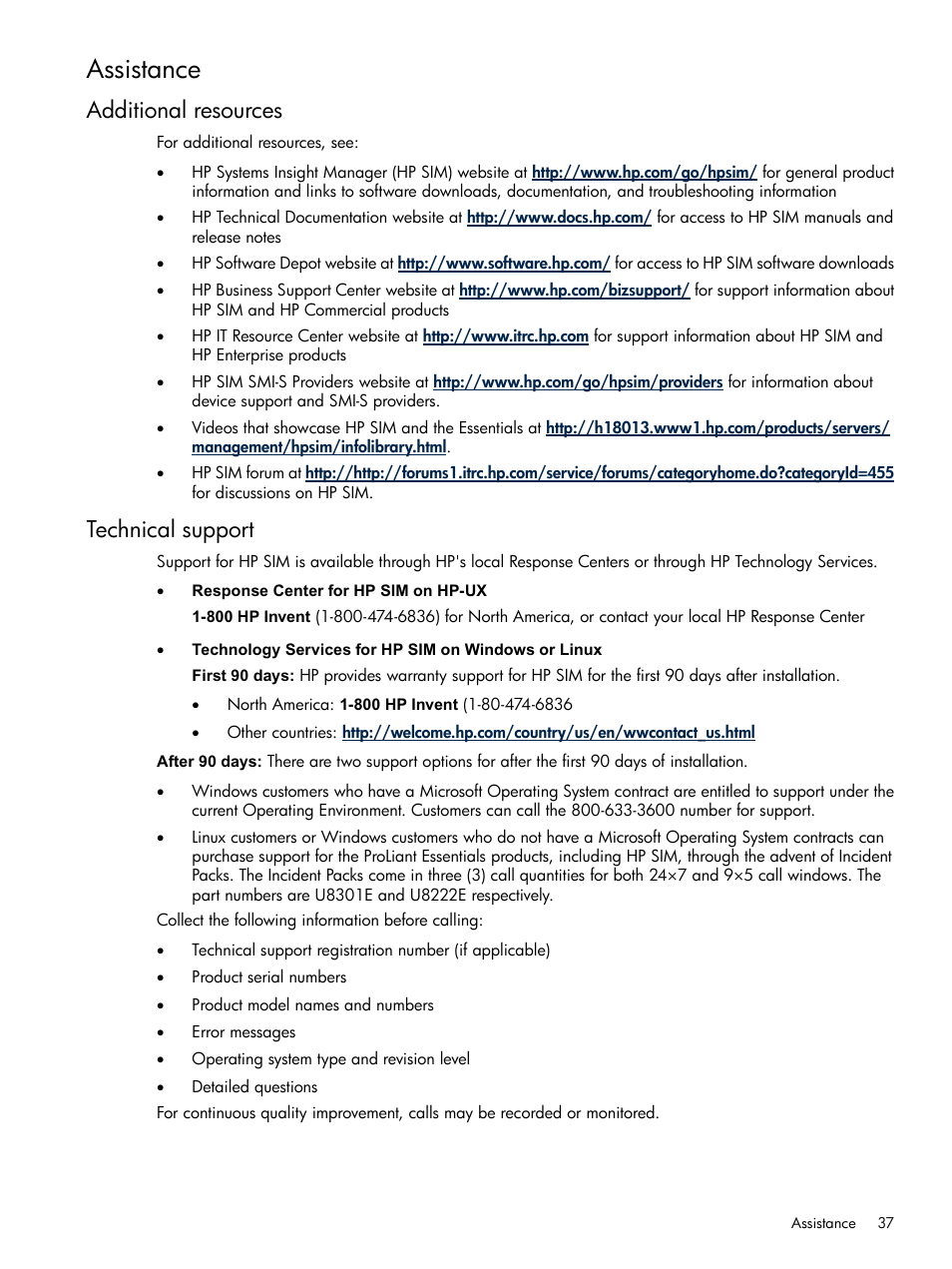 Assistance, Additional resources, Technical support | Additional resources technical support | HP Systems Insight Manager User Manual | Page 37 / 679