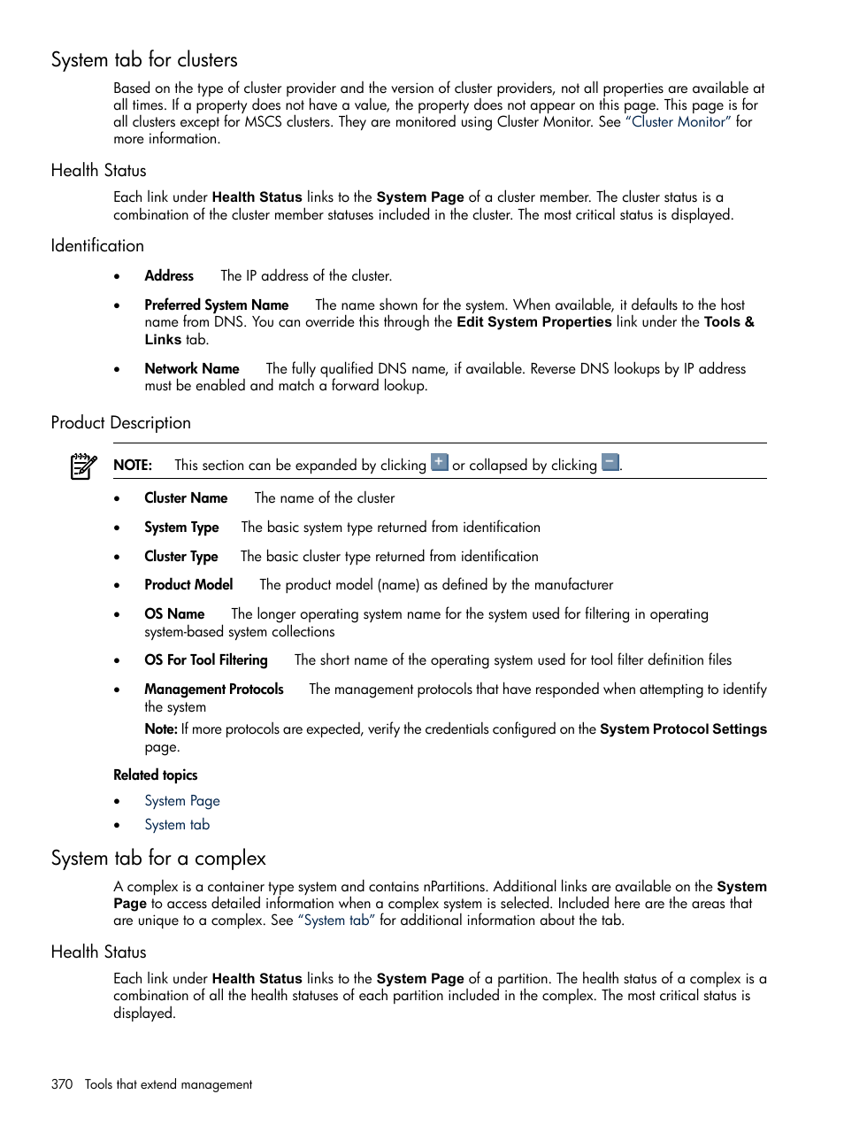 System tab for clusters, Health status, Identification | Product description, System tab for a complex, Health status identification product description | HP Systems Insight Manager User Manual | Page 370 / 679