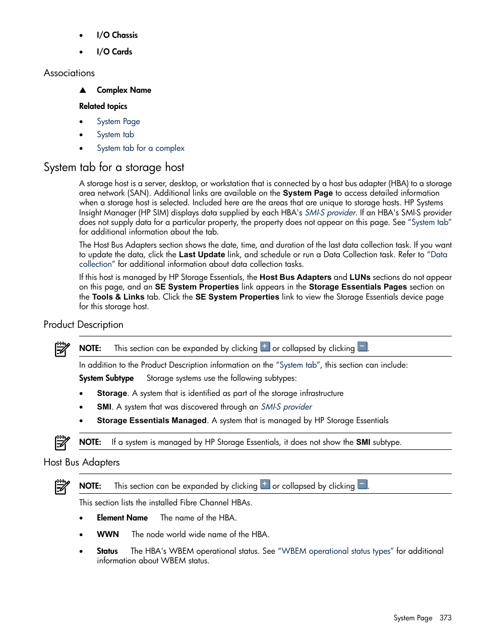 Associations, System tab for a storage host, Product description | Host bus adapters, Product description host bus adapters | HP Systems Insight Manager User Manual | Page 373 / 679