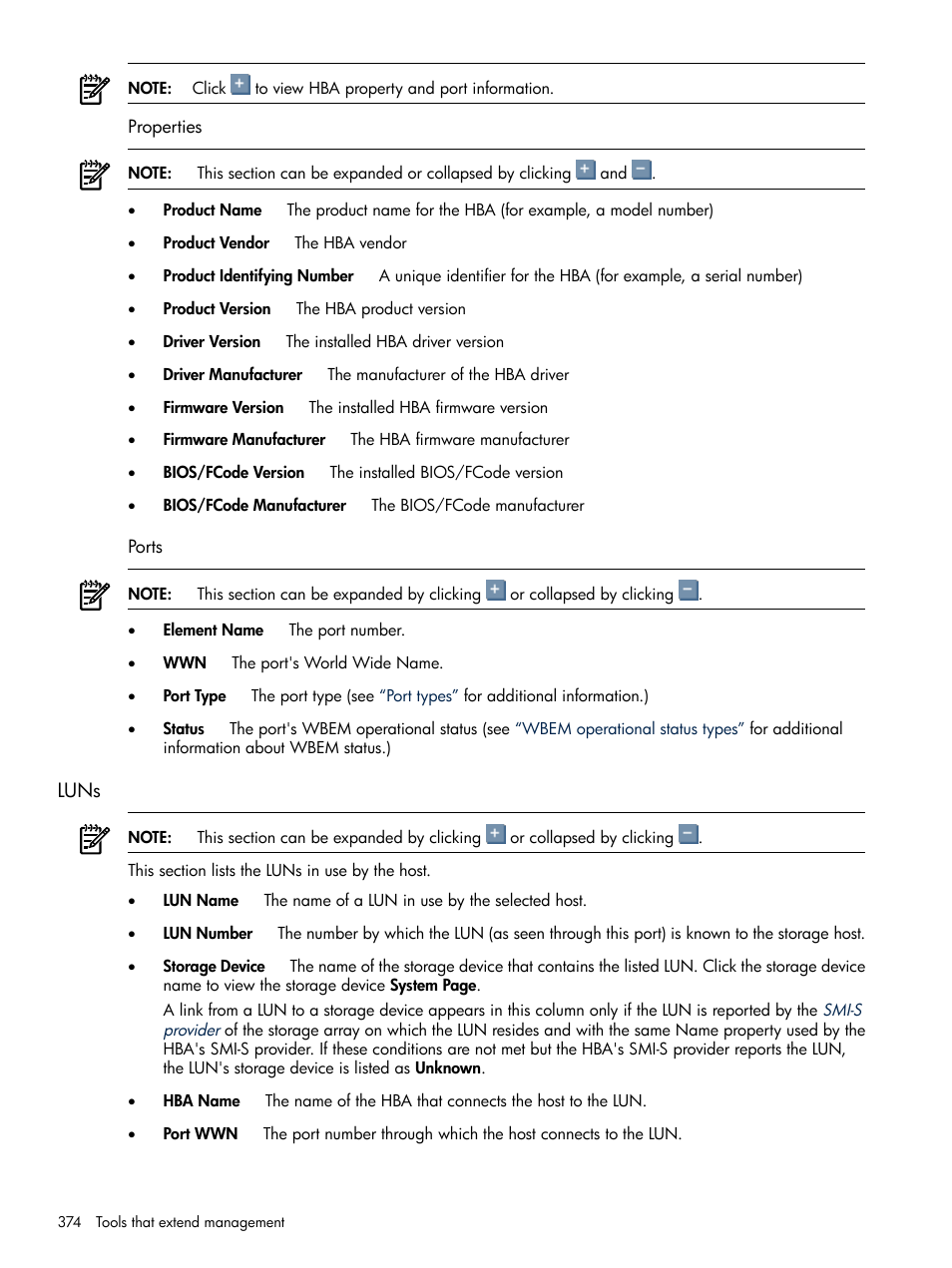 Properties, Ports, Luns | Properties ports | HP Systems Insight Manager User Manual | Page 374 / 679