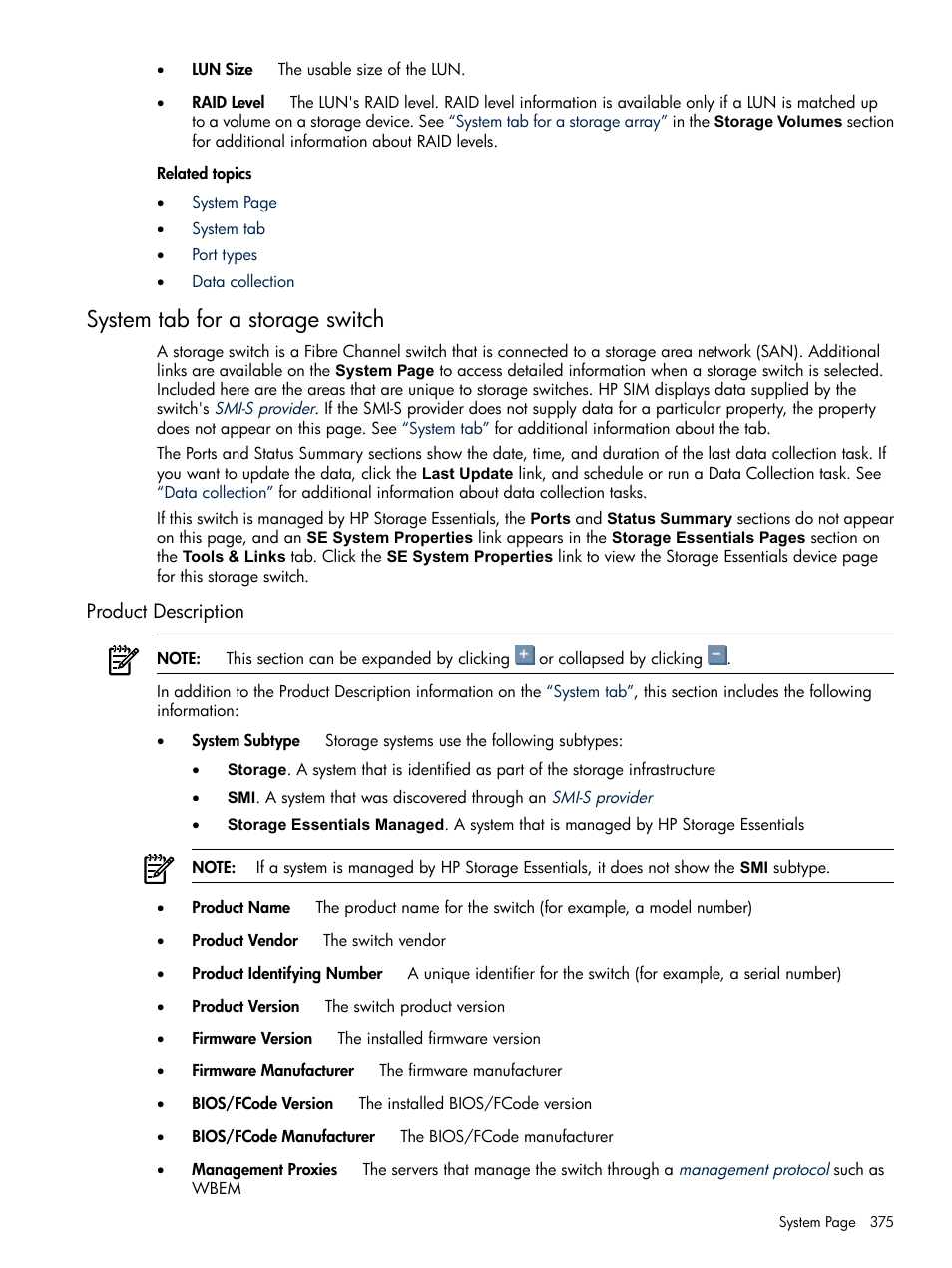 System tab for a storage switch, Product description | HP Systems Insight Manager User Manual | Page 375 / 679