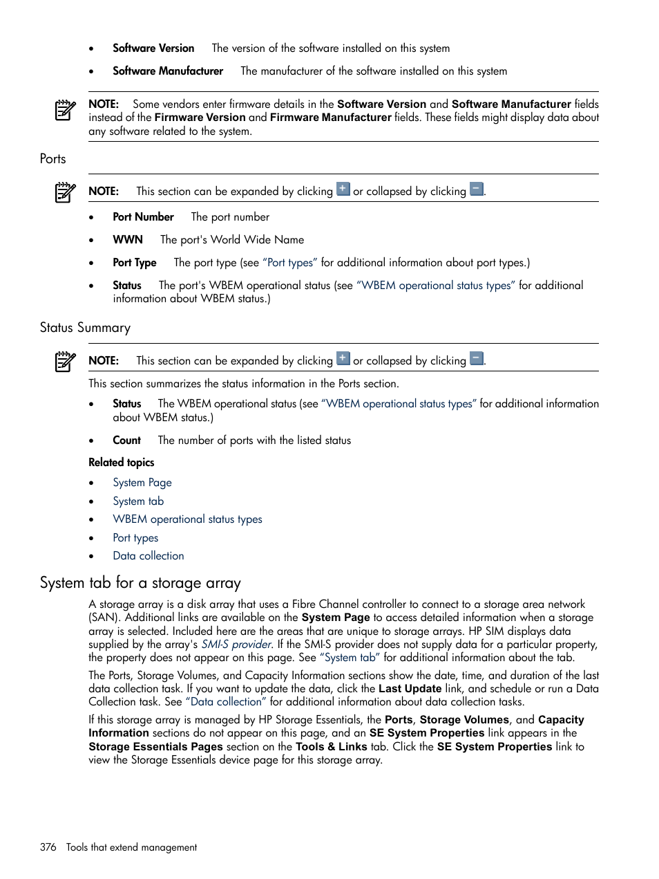 Ports, Status summary, System tab for a storage array | Ports status summary | HP Systems Insight Manager User Manual | Page 376 / 679