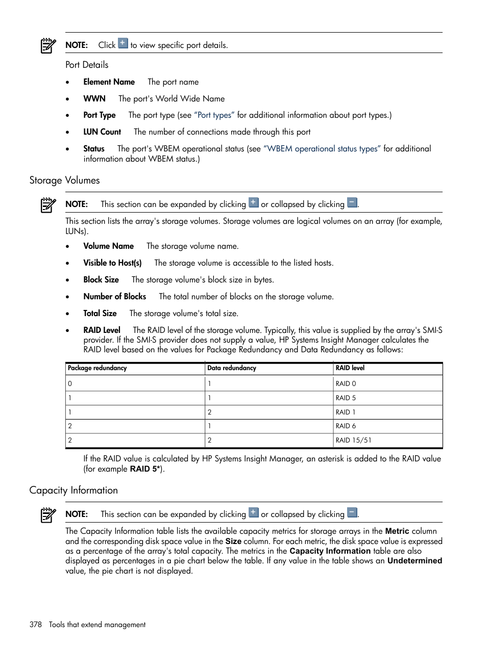 Port details, Storage volumes, Capacity information | Storage volumes capacity information | HP Systems Insight Manager User Manual | Page 378 / 679