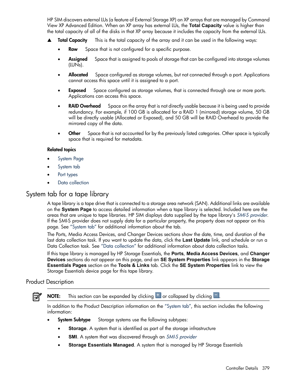 System tab for a tape library, Product description | HP Systems Insight Manager User Manual | Page 379 / 679