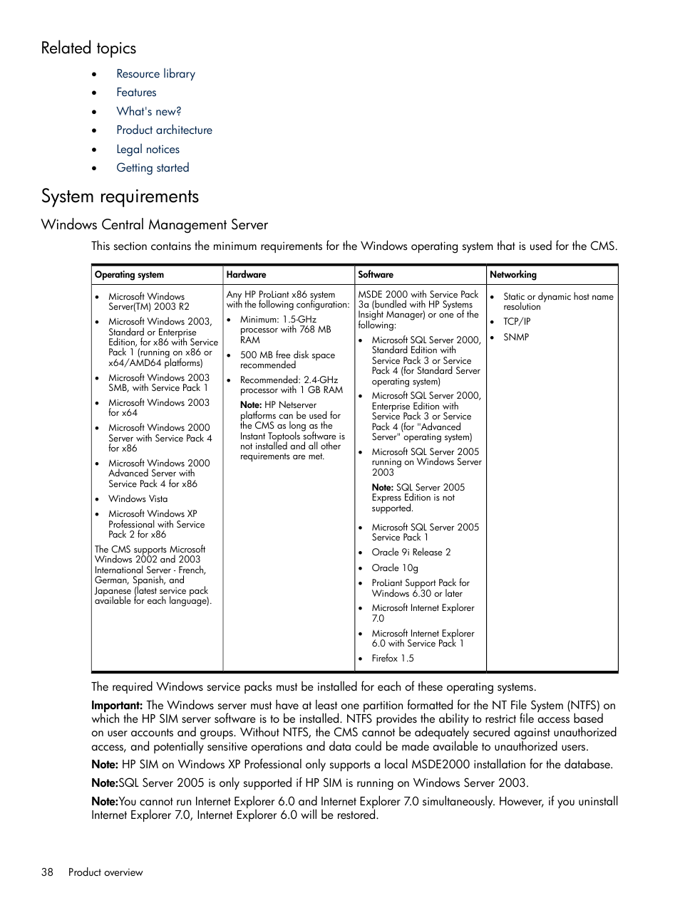 Related topics, System requirements, Windows central management server | HP Systems Insight Manager User Manual | Page 38 / 679