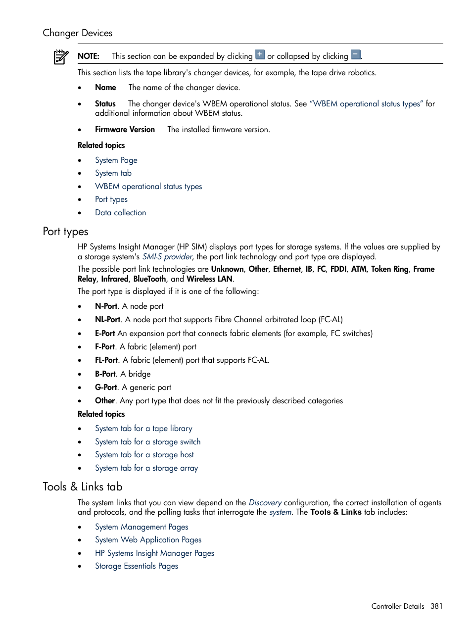 Changer devices, Port types, Tools & links tab | Port types tools & links tab | HP Systems Insight Manager User Manual | Page 381 / 679