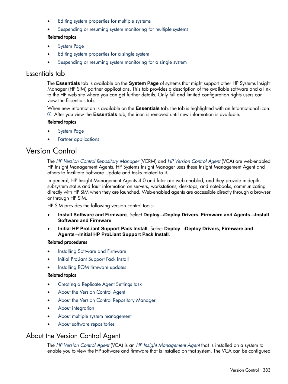 Essentials tab, Version control, About the version control agent | HP Systems Insight Manager User Manual | Page 383 / 679