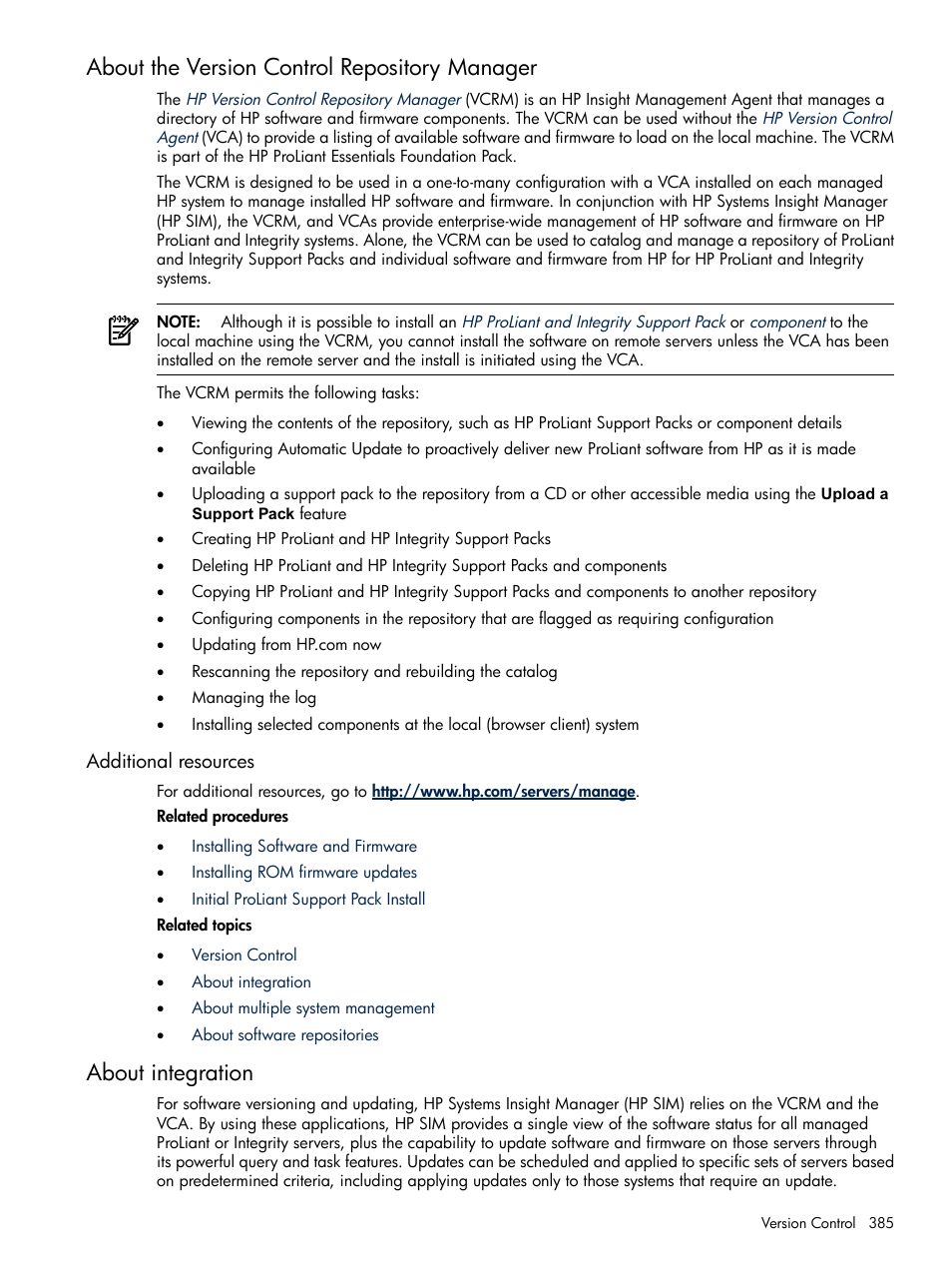 About the version control repository manager, Additional resources, About integration | HP Systems Insight Manager User Manual | Page 385 / 679