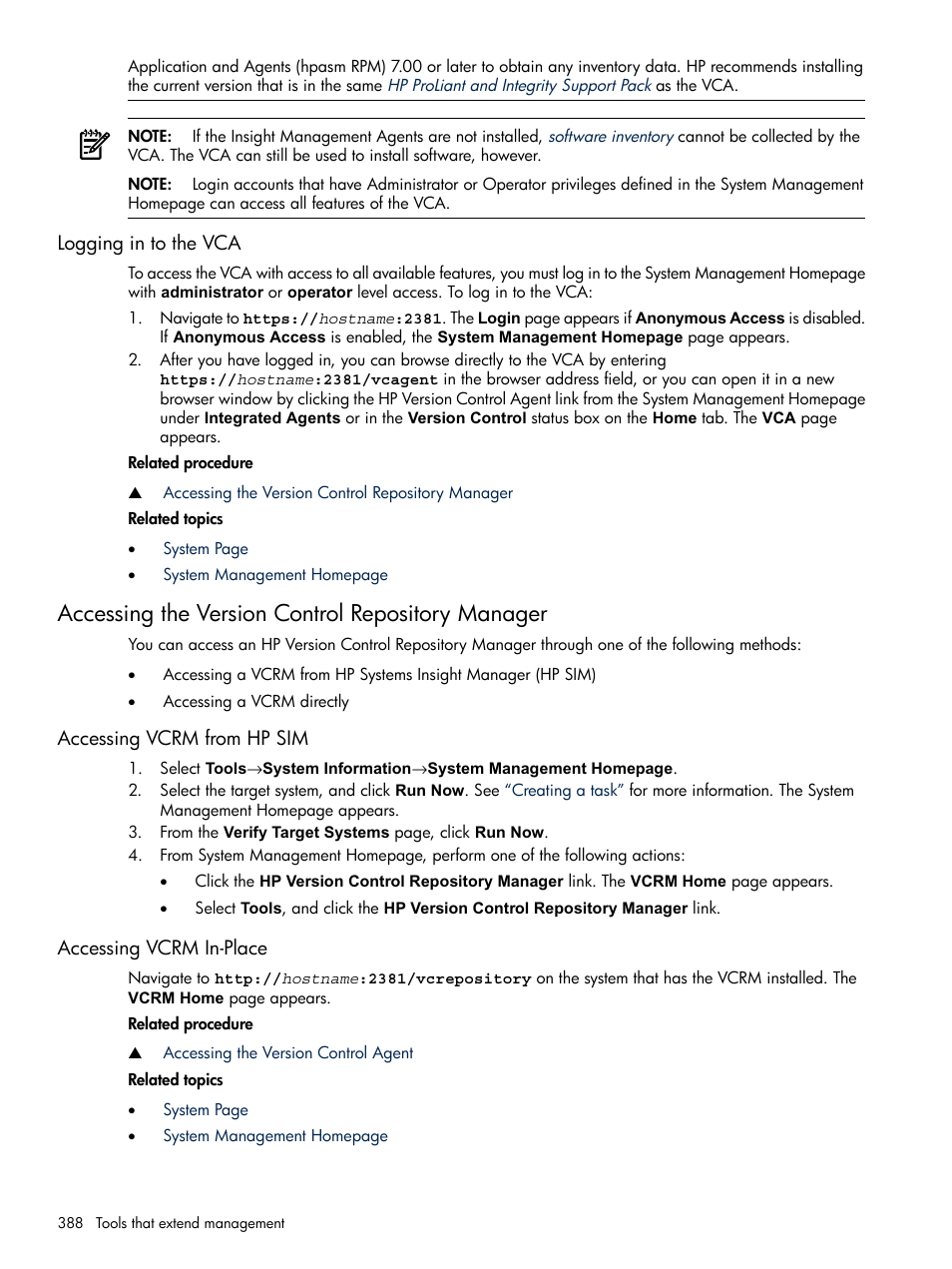 Logging in to the vca, Accessing the version control repository manager, Accessing vcrm from hp sim | Accessing vcrm in-place, Accessing vcrm from hp sim accessing vcrm in-place, Accessing the version control, Repository manager | HP Systems Insight Manager User Manual | Page 388 / 679