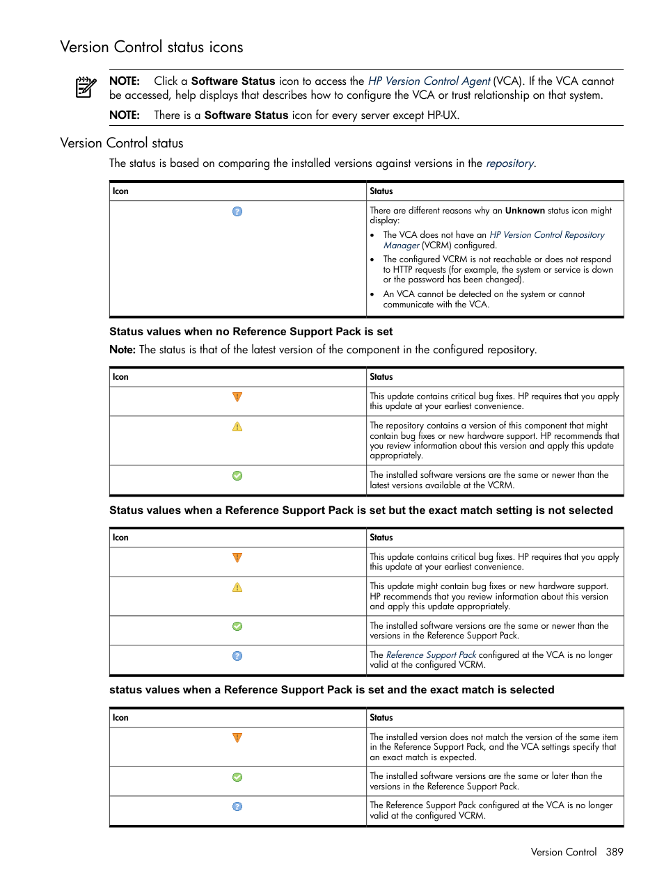 Version control status icons, Version control status | HP Systems Insight Manager User Manual | Page 389 / 679