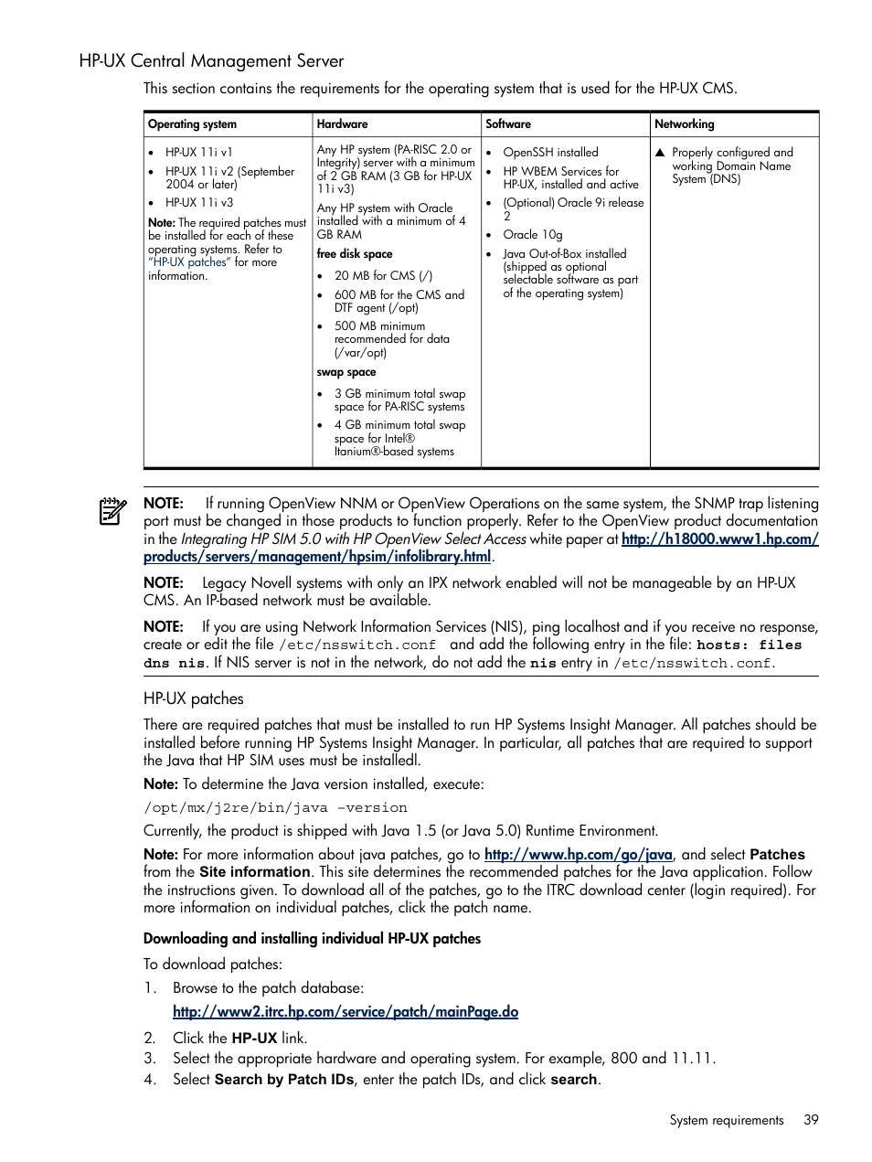 Hp-ux central management server, Hp-ux patches | HP Systems Insight Manager User Manual | Page 39 / 679
