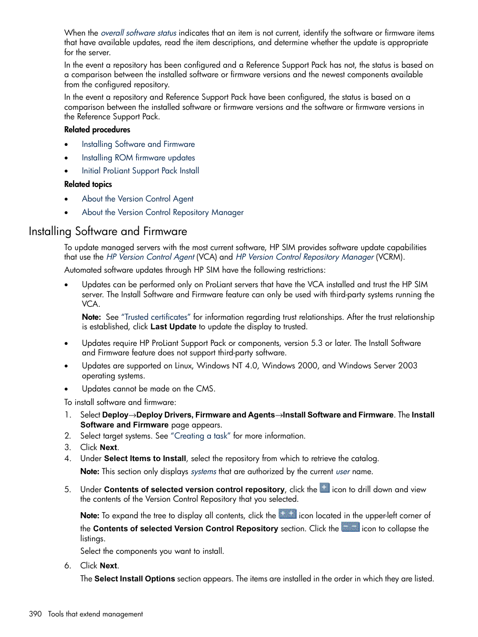 Installing software and firmware | HP Systems Insight Manager User Manual | Page 390 / 679