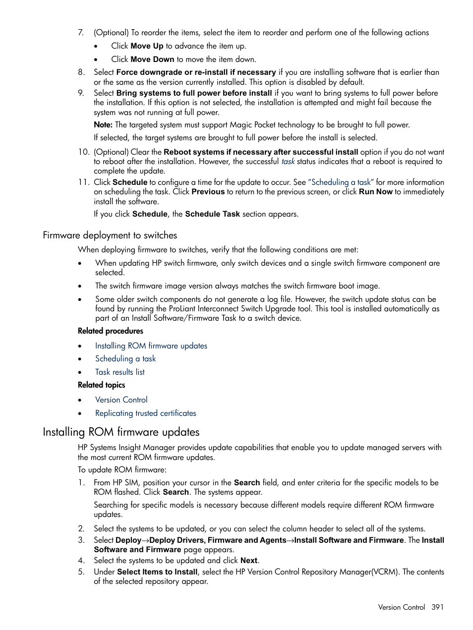 Firmware deployment to switches, Installing rom firmware updates | HP Systems Insight Manager User Manual | Page 391 / 679