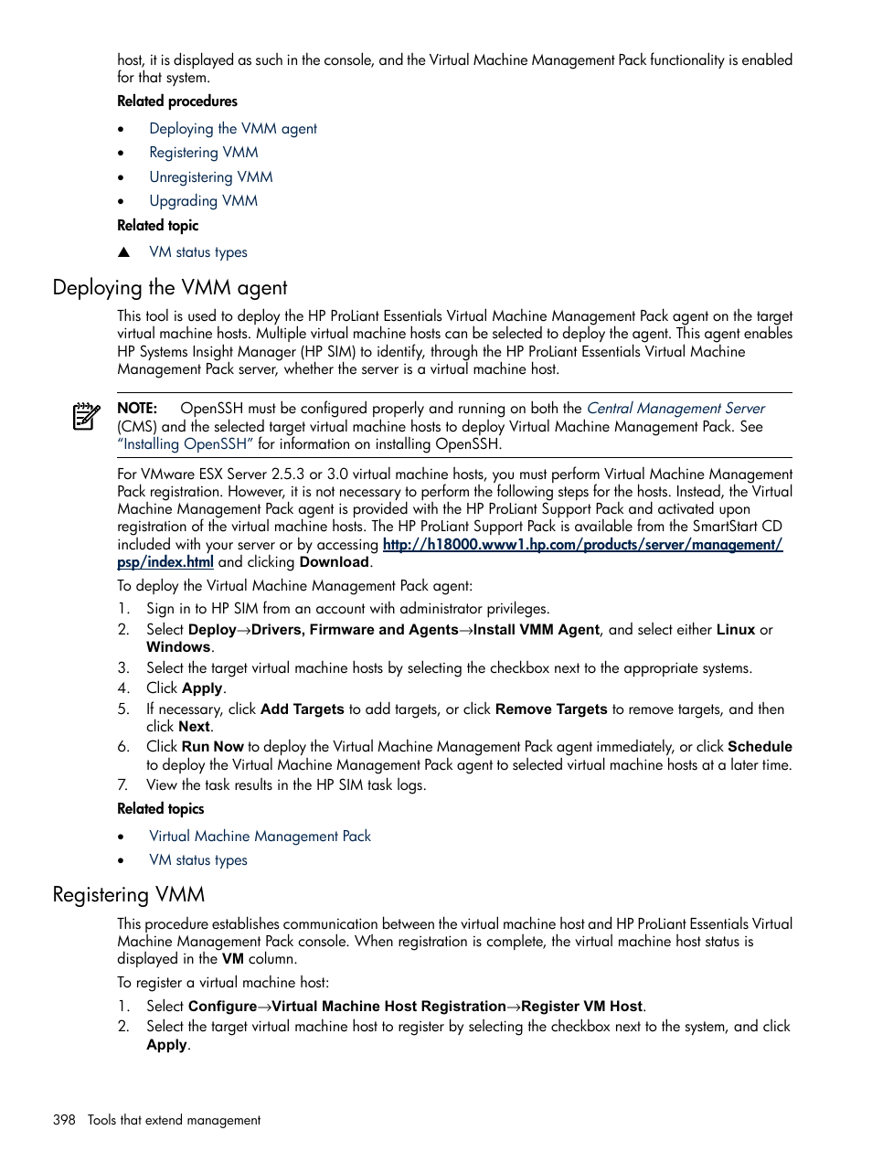 Deploying the vmm agent, Registering vmm, Deploying the vmm agent registering vmm | HP Systems Insight Manager User Manual | Page 398 / 679