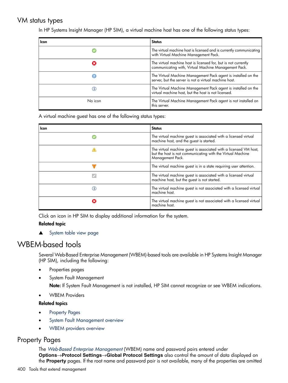 Vm status types, Wbem-based tools, Property pages | HP Systems Insight Manager User Manual | Page 400 / 679