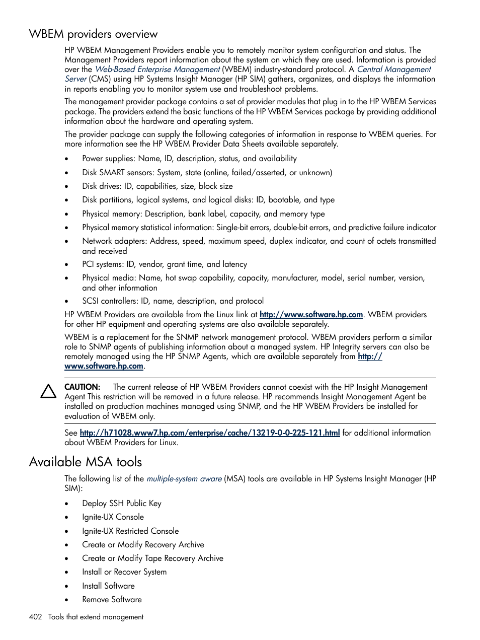 Wbem providers overview, Available msa tools | HP Systems Insight Manager User Manual | Page 402 / 679