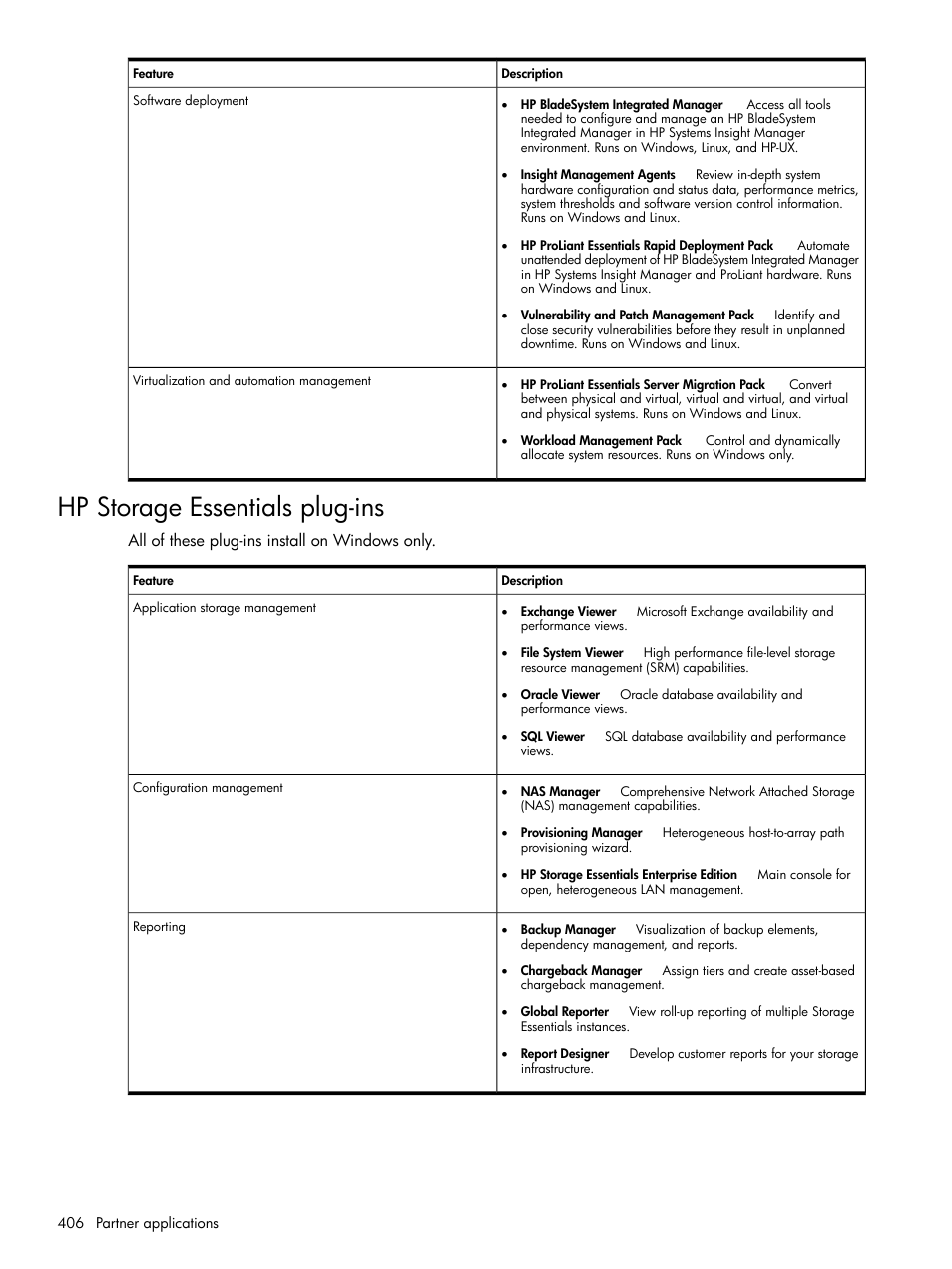 Hp storage essentials plug-ins, All of these plug-ins install on windows only | HP Systems Insight Manager User Manual | Page 406 / 679