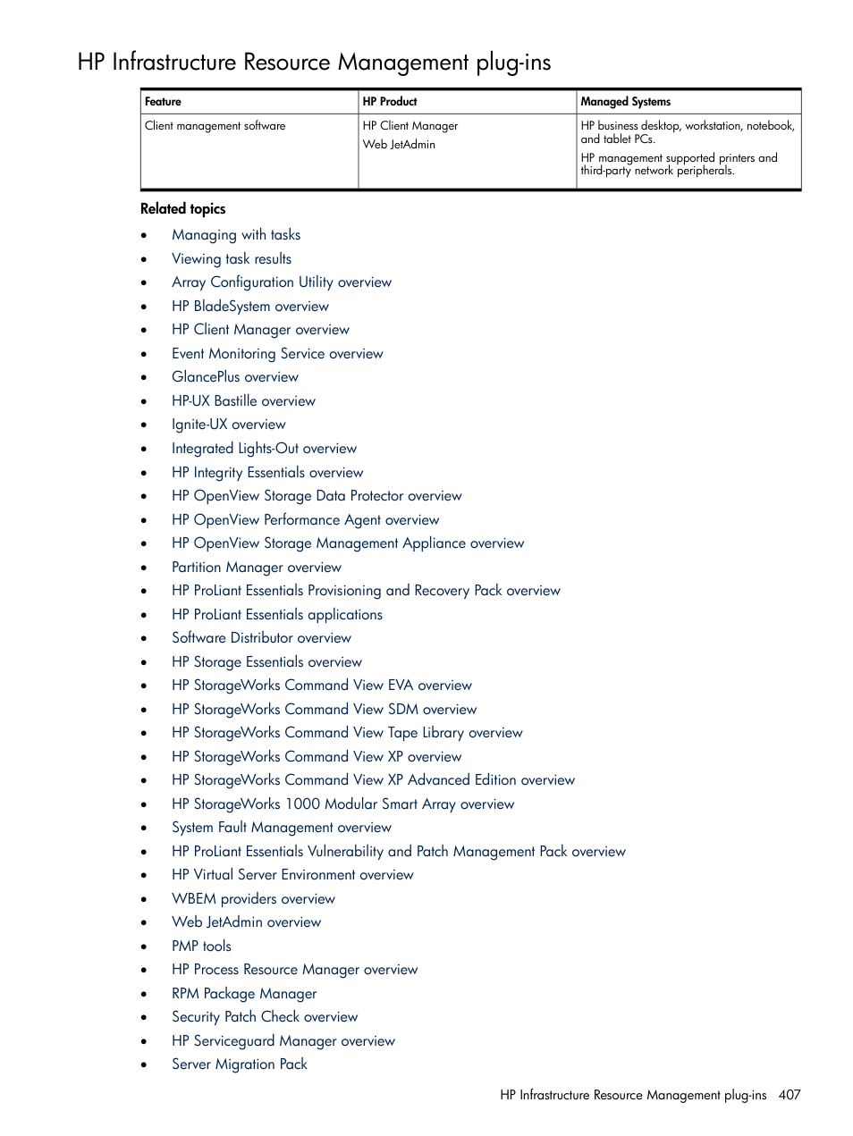 Hp infrastructure resource management plug-ins | HP Systems Insight Manager User Manual | Page 407 / 679