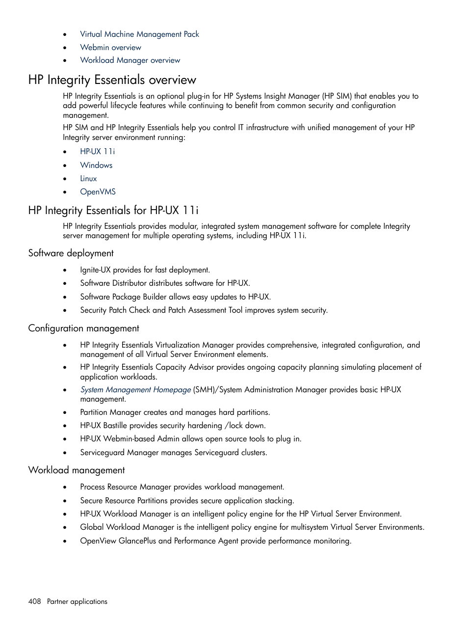 Hp integrity essentials overview, Hp integrity essentials for hp-ux 11i, Software deployment | Configuration management, Workload management | HP Systems Insight Manager User Manual | Page 408 / 679