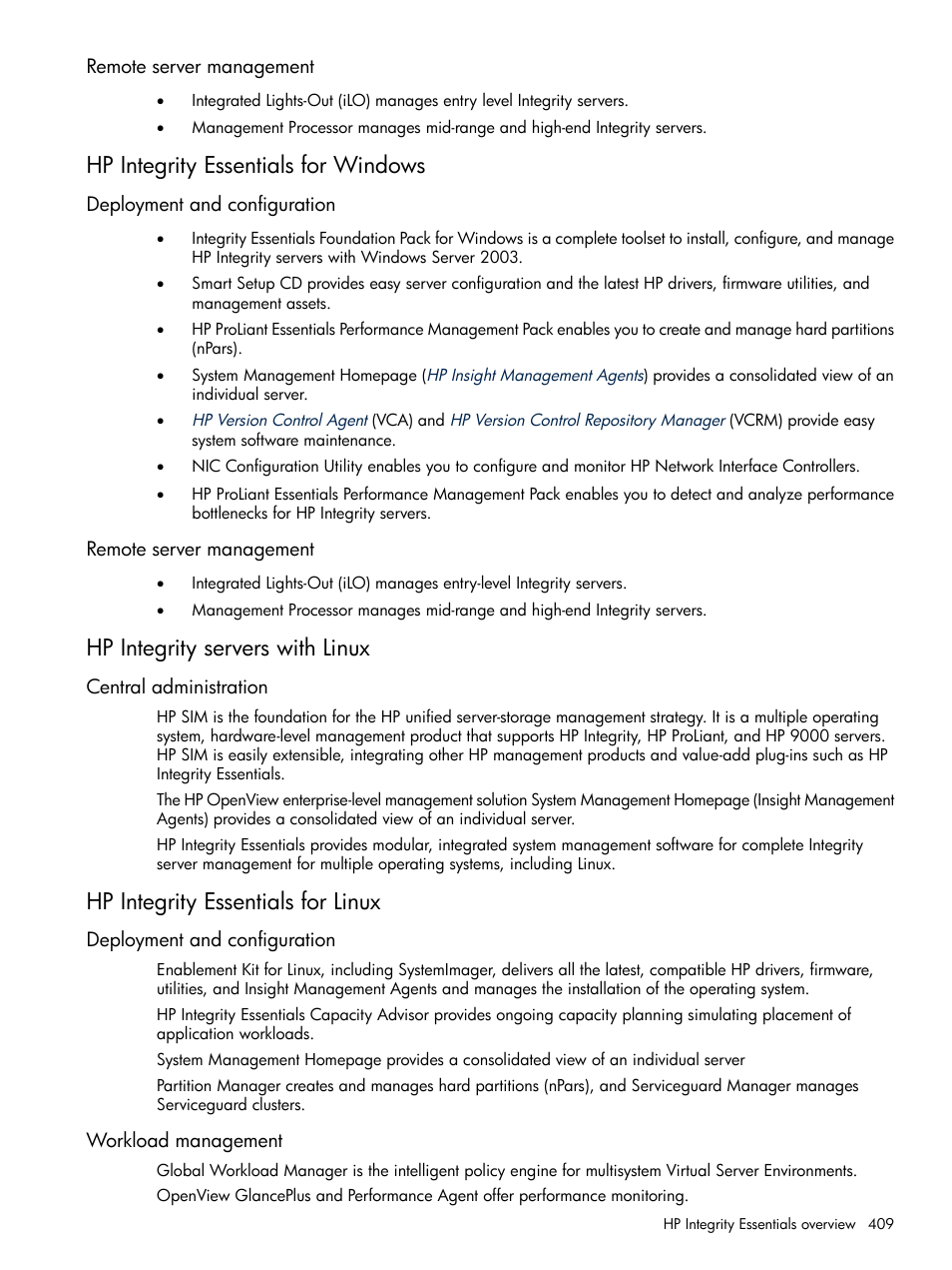 Remote server management, Hp integrity essentials for windows, Deployment and configuration | Hp integrity servers with linux, Central administration, Hp integrity essentials for linux, Workload management, Deployment and configuration workload management, Windows, Linux | HP Systems Insight Manager User Manual | Page 409 / 679