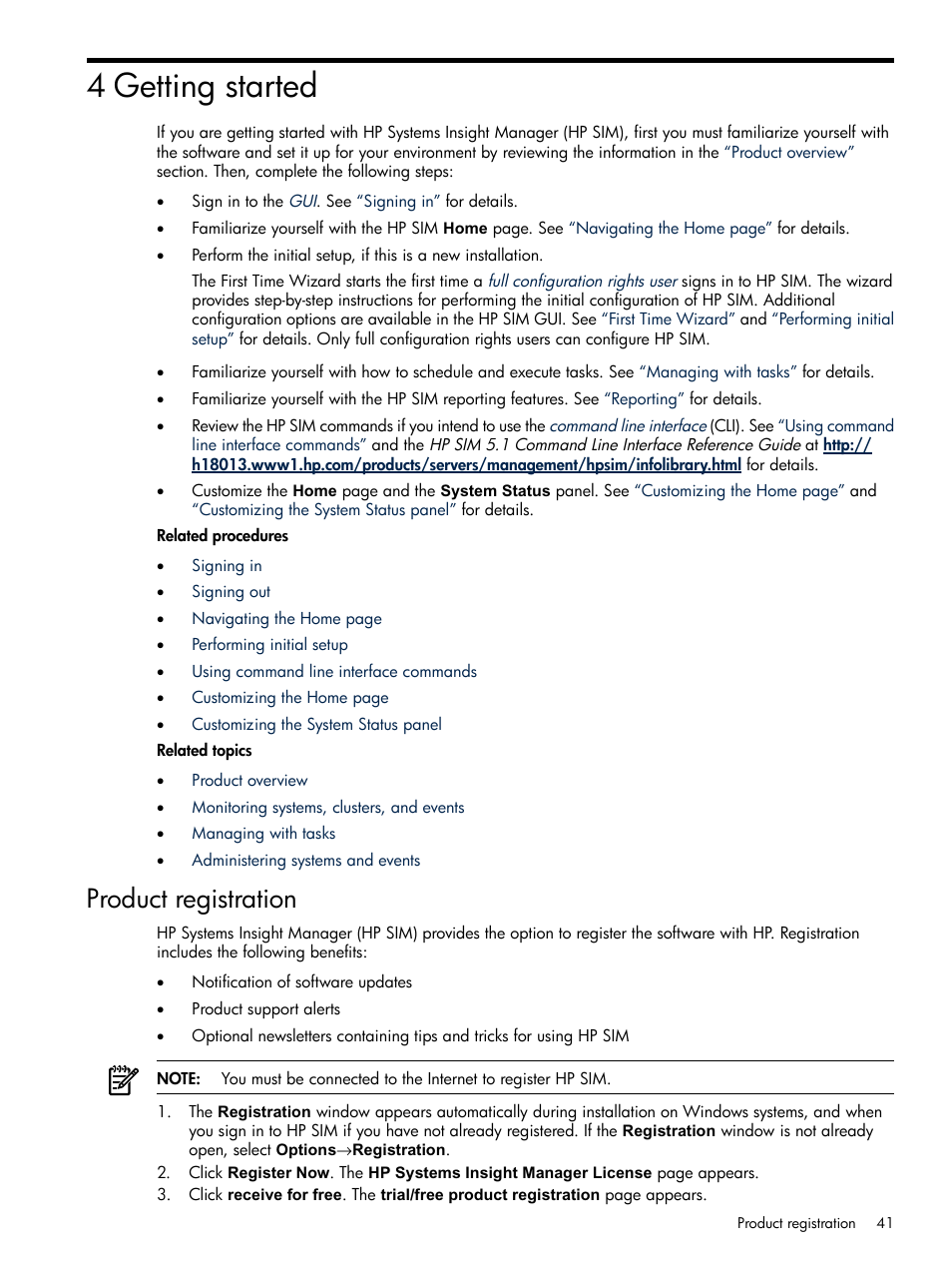 4 getting started, Product registration, Getting | Started, Getting started | HP Systems Insight Manager User Manual | Page 41 / 679