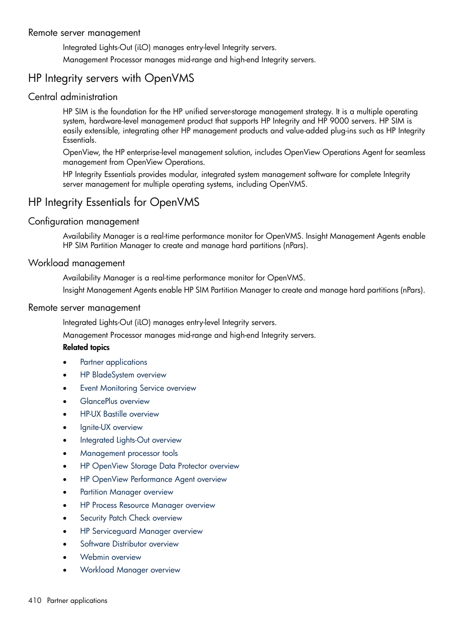 Remote server management, Hp integrity servers with openvms, Central administration | Hp integrity essentials for openvms, Configuration management, Workload management, Openvms | HP Systems Insight Manager User Manual | Page 410 / 679