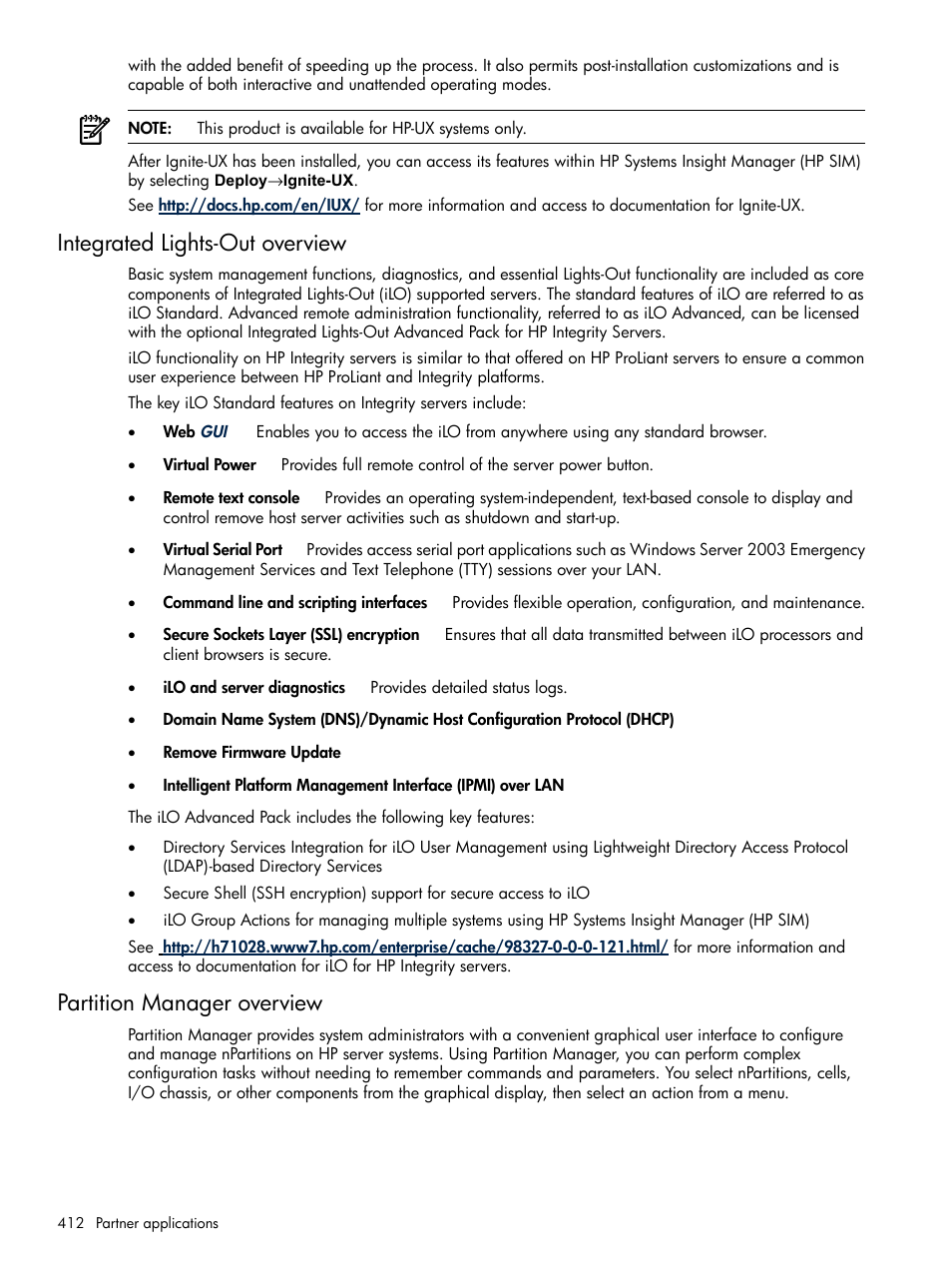 Integrated lights-out overview, Partition manager overview | HP Systems Insight Manager User Manual | Page 412 / 679