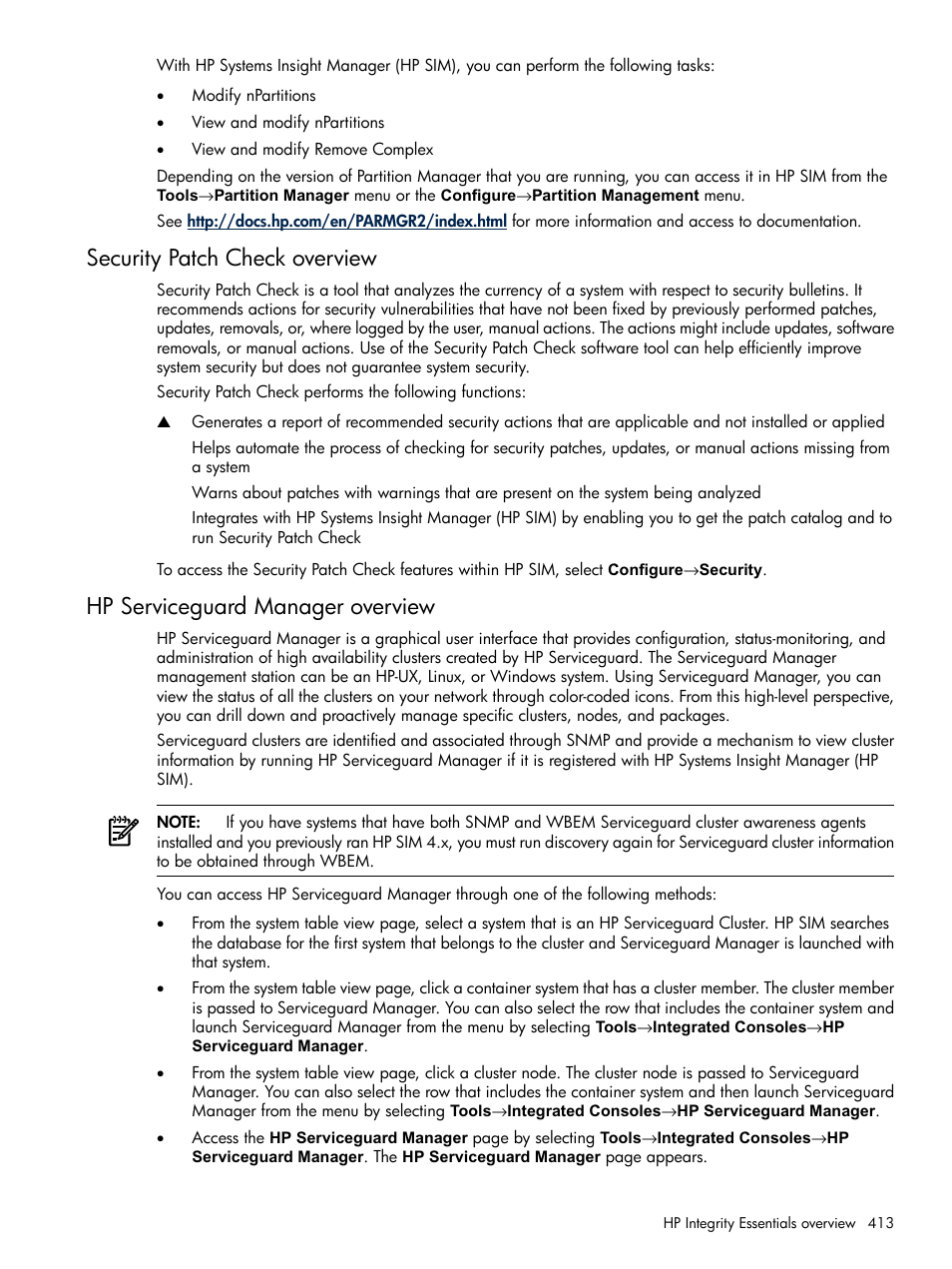 Security patch check overview, Hp serviceguard manager overview | HP Systems Insight Manager User Manual | Page 413 / 679