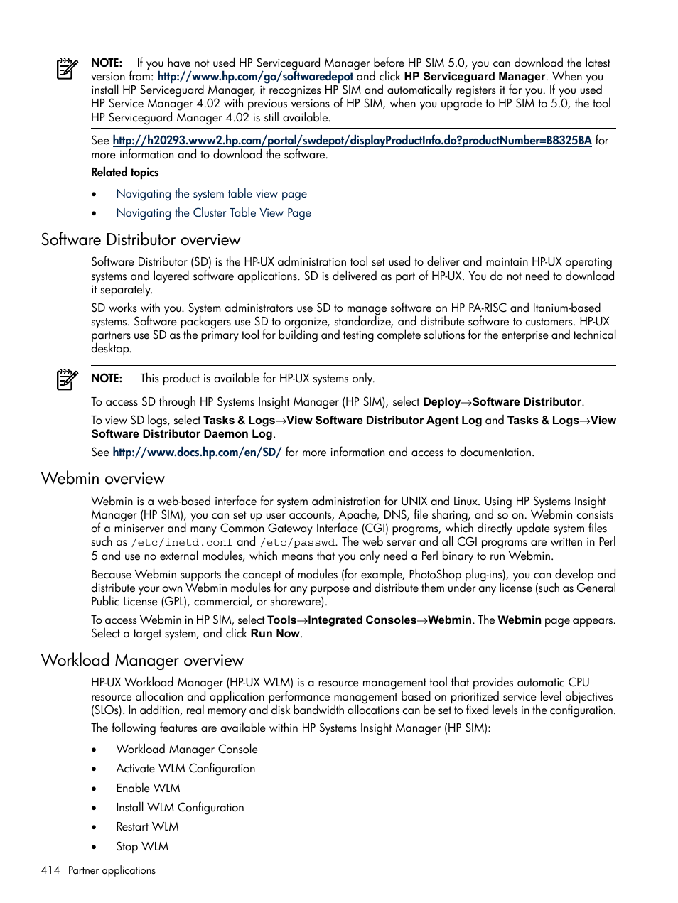 Software distributor overview, Webmin overview, Workload manager overview | HP Systems Insight Manager User Manual | Page 414 / 679