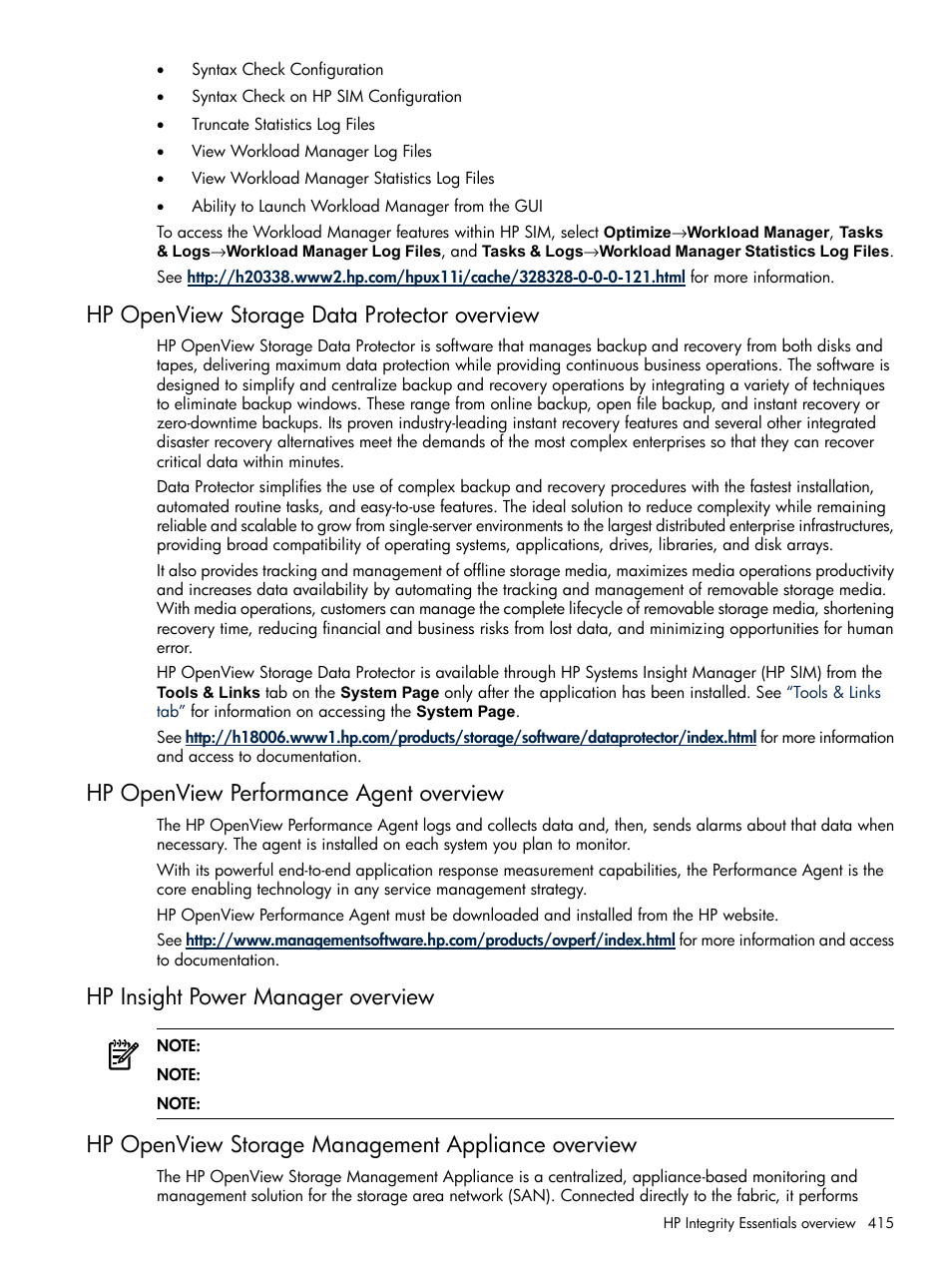 Hp openview storage data protector overview, Hp openview performance agent overview, Hp insight power manager overview | Hp openview storage management appliance overview | HP Systems Insight Manager User Manual | Page 415 / 679