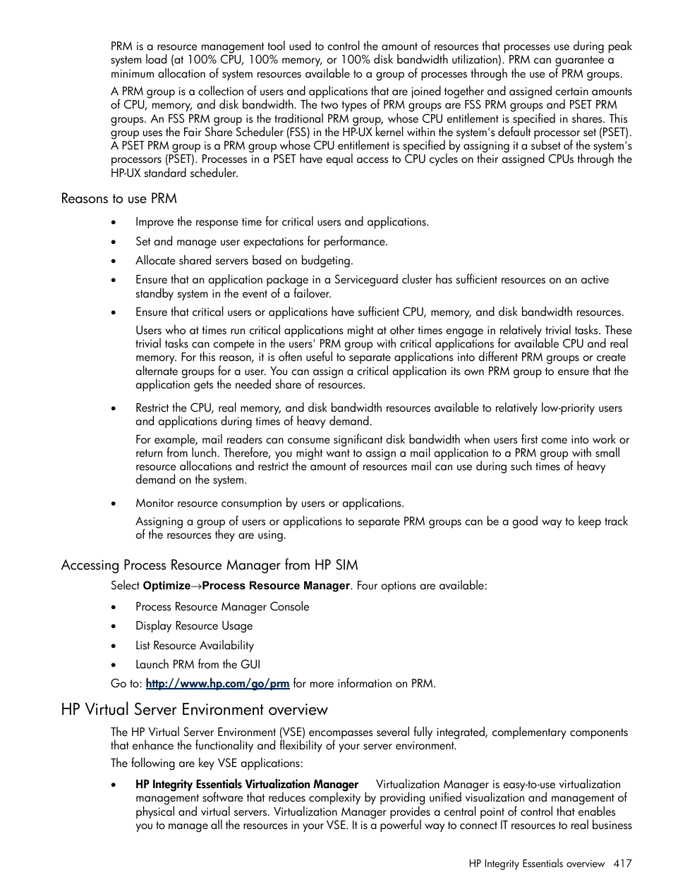 Reasons to use prm, Accessing process resource manager from hp sim, Hp virtual server environment overview | HP Systems Insight Manager User Manual | Page 417 / 679