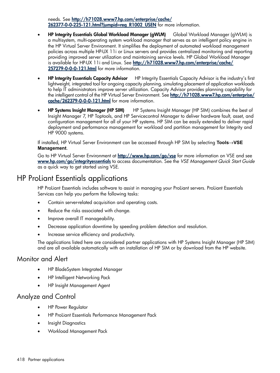 Hp proliant essentials applications, Monitor and alert, Analyze and control | Monitor and alert analyze and control | HP Systems Insight Manager User Manual | Page 418 / 679