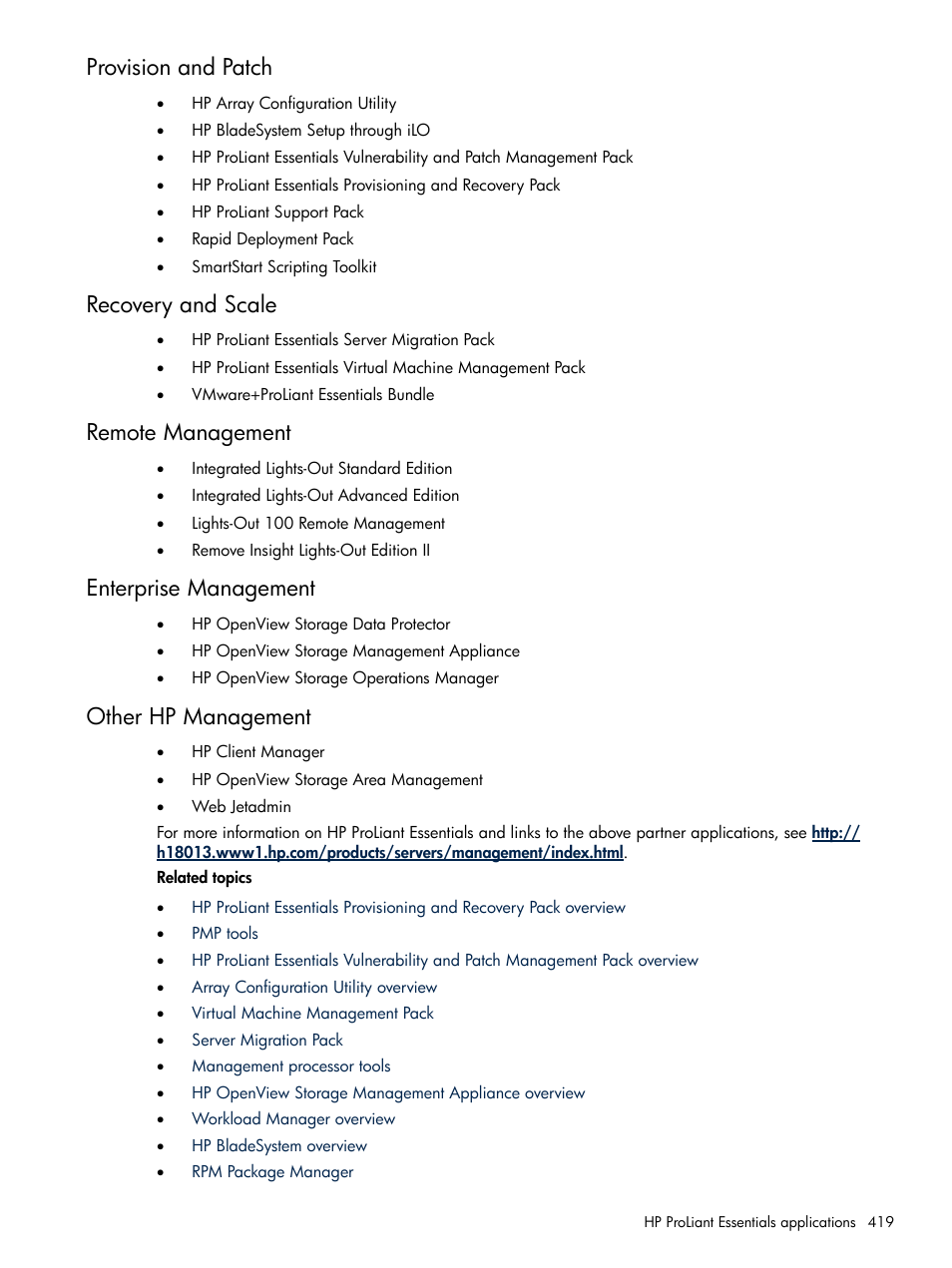 Provision and patch, Recovery and scale, Remote management | Enterprise management, Other hp management | HP Systems Insight Manager User Manual | Page 419 / 679