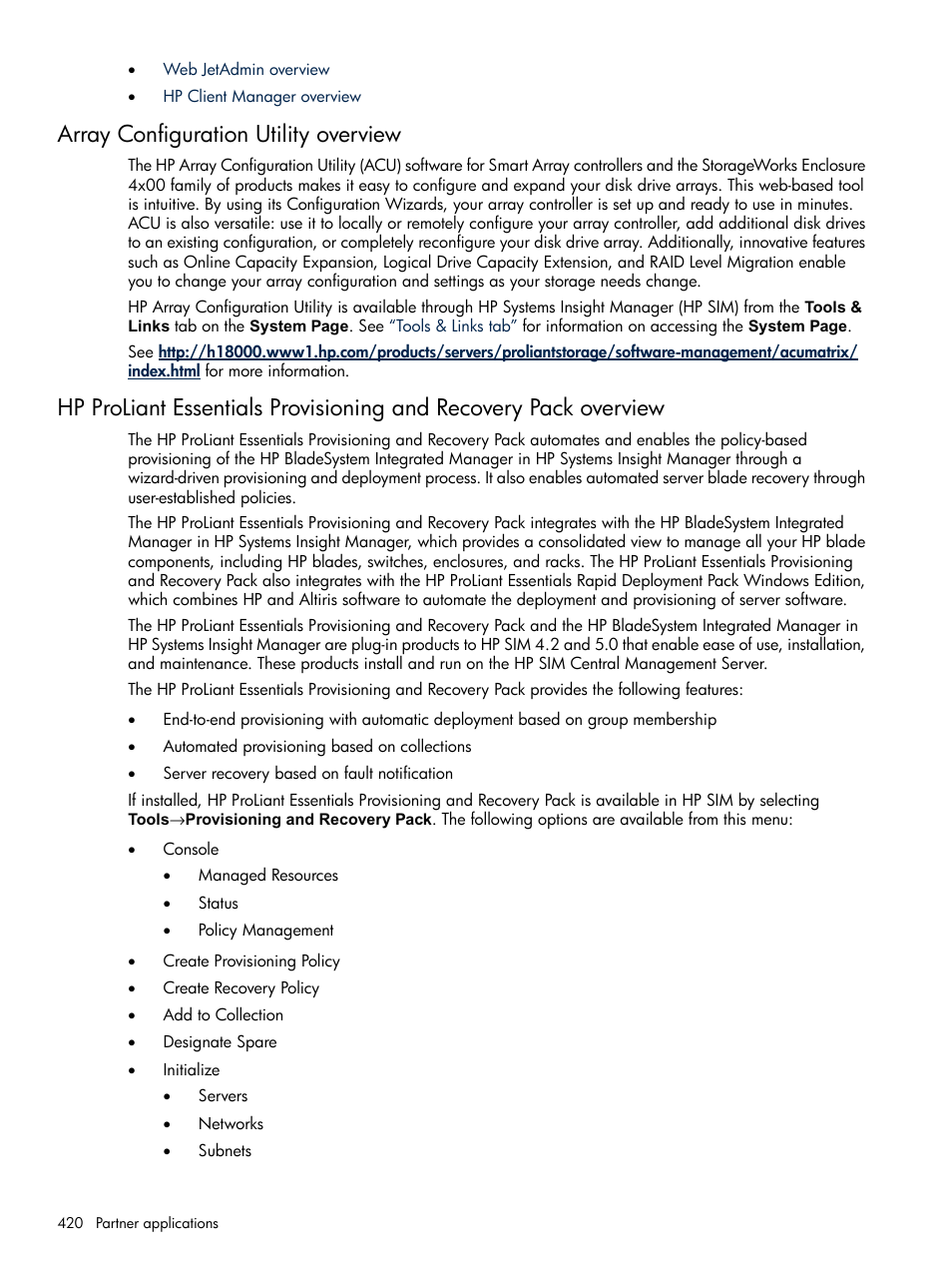 Array configuration utility overview | HP Systems Insight Manager User Manual | Page 420 / 679