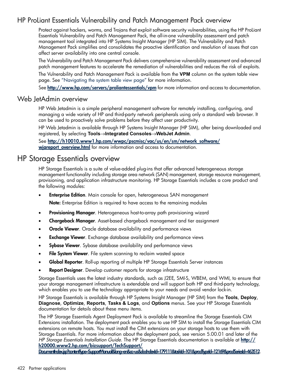 Web jetadmin overview, Hp storage essentials overview | HP Systems Insight Manager User Manual | Page 422 / 679