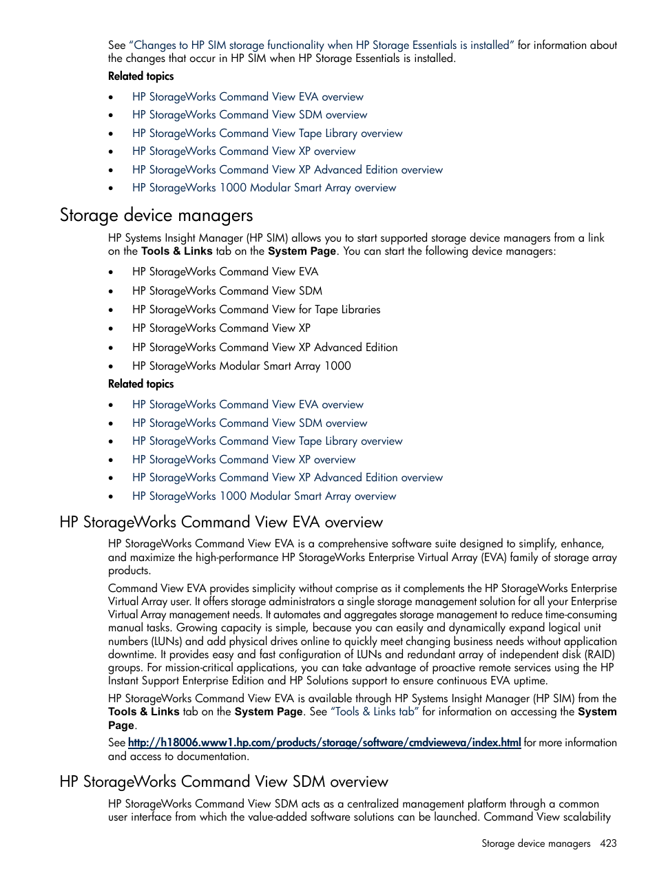 Storage device managers, Hp storageworks command view eva overview, Hp storageworks command view sdm overview | HP Systems Insight Manager User Manual | Page 423 / 679